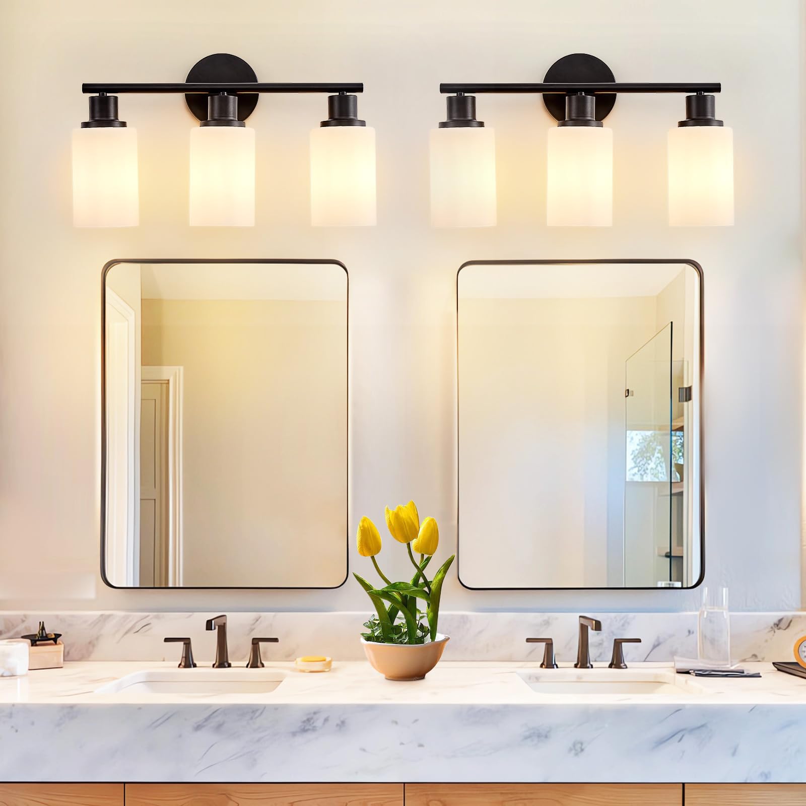 DINGLILIGHTING 3-Light Bathroom Light Fixtures - Black Metal Vanity Lights with Milky White Glass Shade, Model SF20250921B0FBS1RCRT