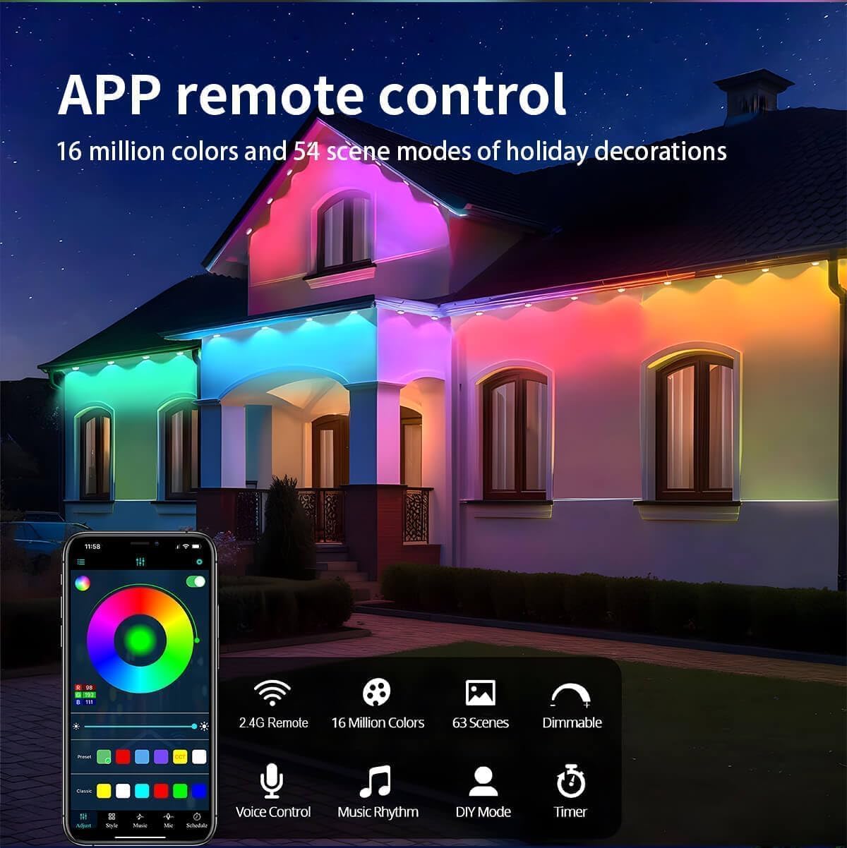 Permanent Outdoor String Lights 200Ft(1 String), Smart Rgb+Ic App Control With 120 Leds, Led Eaves Lights Ip67 Waterproof, House