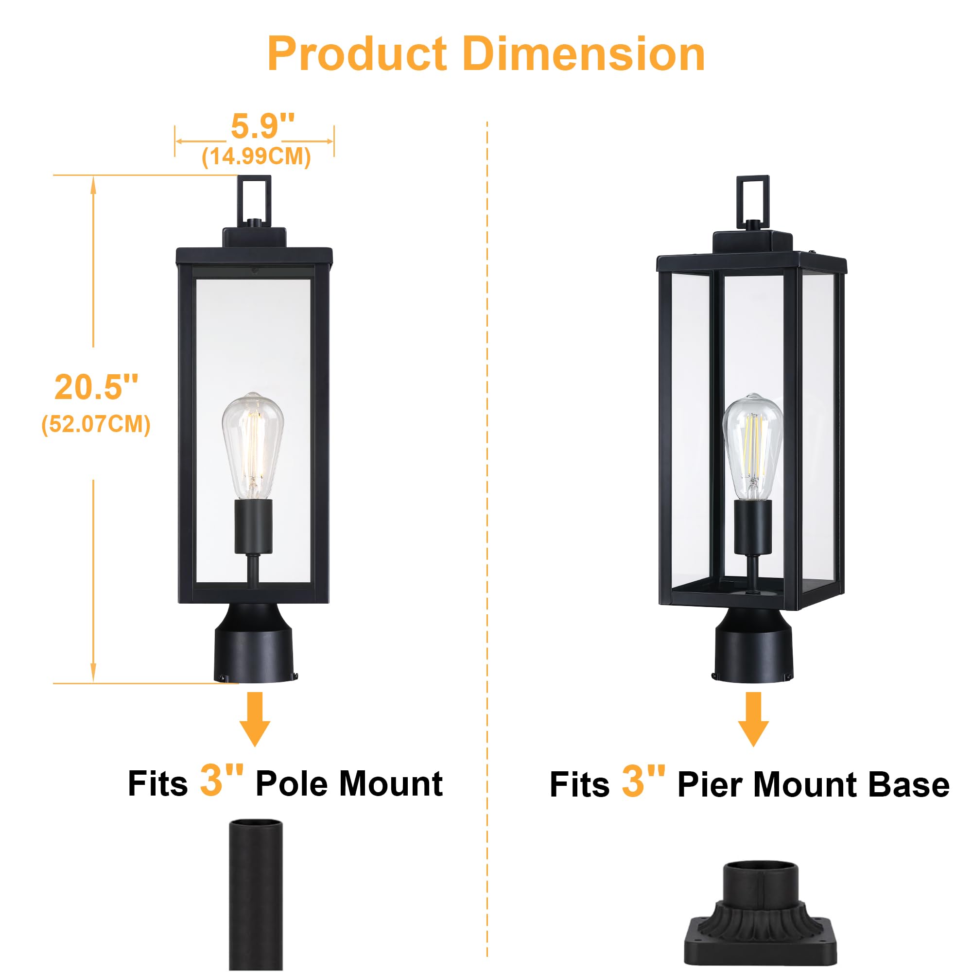 GRUENLICH Outdoor Lamp Post Light Fixture, Tempered Glass, Large 20.5 Inch, Black, Model GR-PL003-BK-1PK