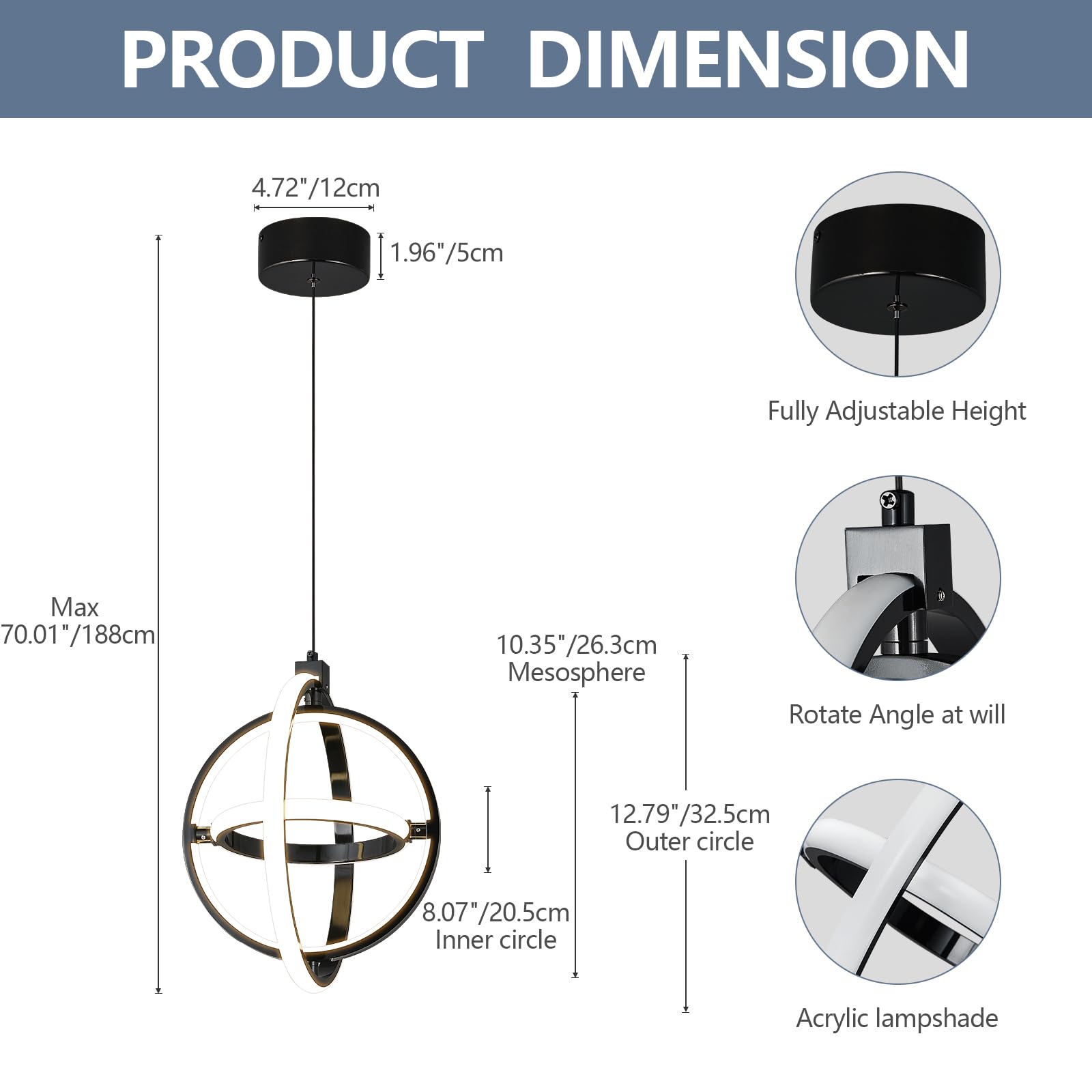 Bnhhlz Modern Led Pendant Light Black Pendant Lights 4000K Dimmable External Glow Height Adjustable Pendant Lighting For Kitchen Island Dining Room Bedroom Living Room Foyer(3-Ring)