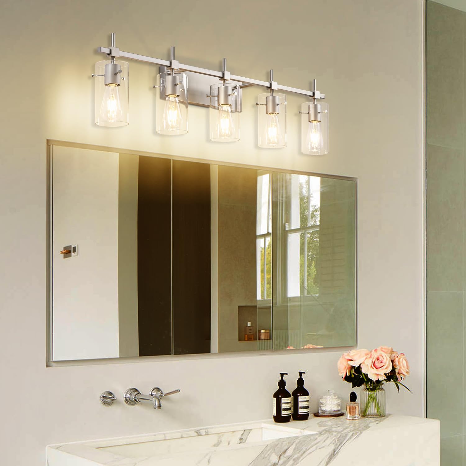 Solfart 40.1 Inch 5 Light Bathroom Vanity Light Fixtures Bathroom Light Fixture Over Mirror Brushed Nickel Wall Lights With Glas