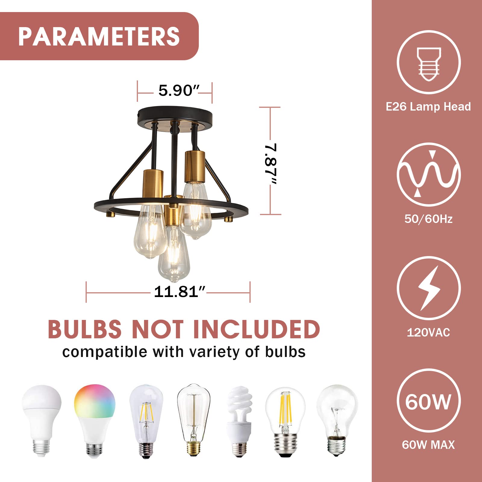 Qgiytp Industrial Semi Flush Mount Ceiling Light Fixture 3-Light Matte Black And Gold Chandelier E26 Farmhouse Ceiling Lamp For Entryway Hallway Bedroom Passway Balcony