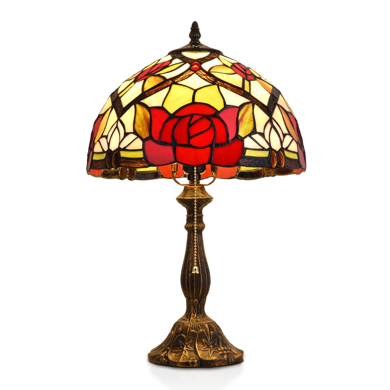 SUERCAI.YO Tiffany Table Lamp, 12-inch Stained Glass Lamp for Living Room, Dining Room, Bedroom, Study Room, Office (Red Rose)