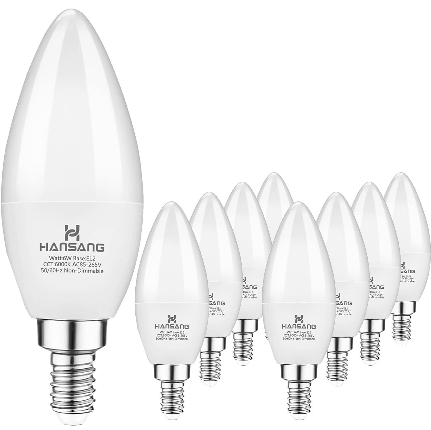 hansang 8-Pack E12 Candelabra LED Light Bulbs, 6000K Cool Daylight, 6W Equivalent, Non-dimmable, B11 for Chandelier and Ceiling