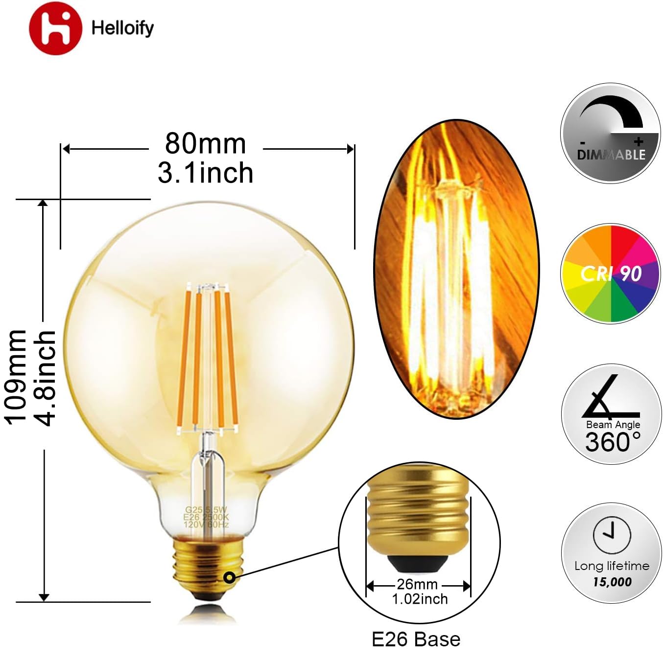 Helloify G25 Vintage LED Edison Bulb, Dimmable, Warm White 2500K, Amber, E26 Screw Base, 60W Equivalent, 4 Count