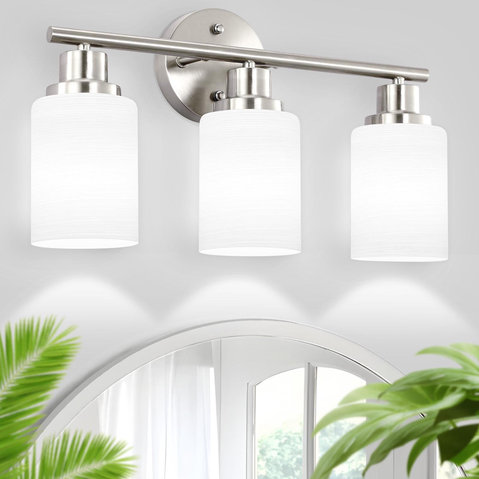 Guliaofo 3-Light Bathroom Vanity Light, Brushed Nickel Vanity Light For Bathroom, Bathroom Light With Milky White Frosted Glass