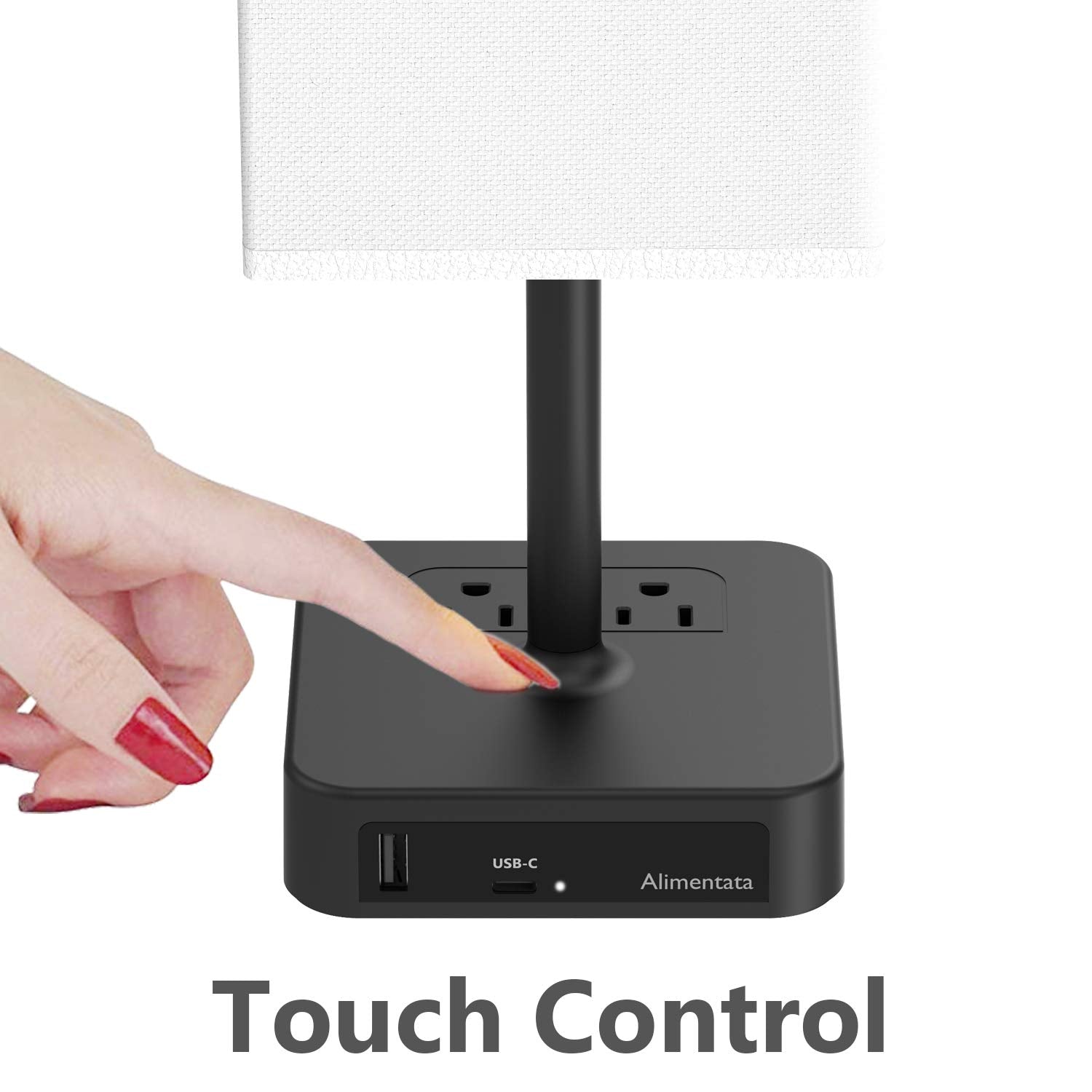 Alimentata Touch Control Bedside Table Lamp with USB C & A, 2 AC Outlets, White Fabric Shade, Model H06
