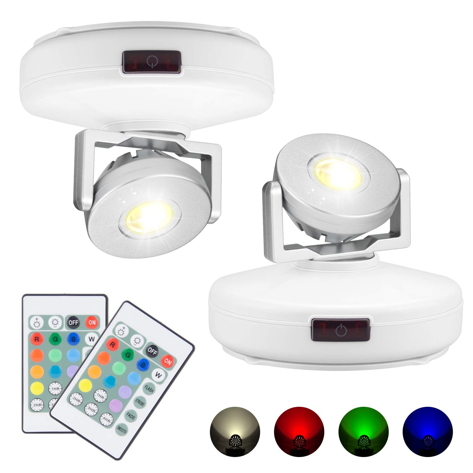 BIGMONAT Battery Operated Spotlight, Wireless LED Accent Light, Dimmable, Remote Control, 2 Pack, Silver/White