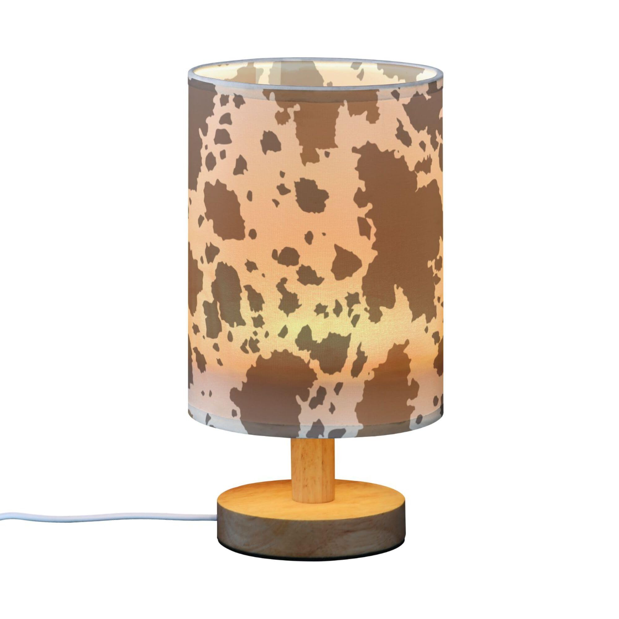 Yyzzh Table Lamp Cow Skin Brown Cowhide Pattern Nightstand Lamp With Wood Base Fabric Lamp Shade Bedside Desk Lamp For Living Ro