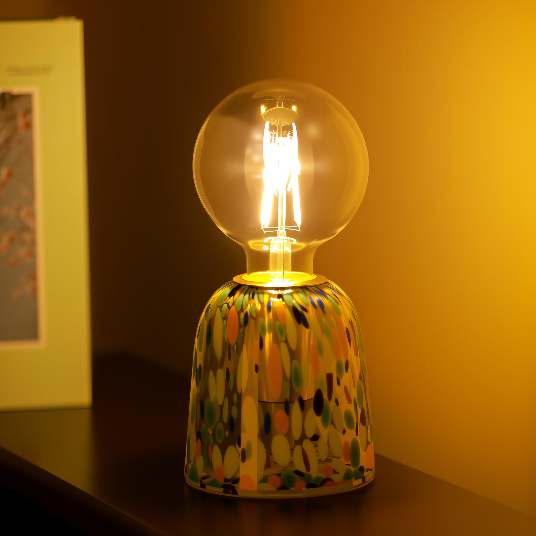SYLW Mini Modern Glass Bedside Table Lamp  4 x 4 x 9 Inch Nightstand Lamps  with Spherical Bulb Round Side Table Lamps for Bedroom Living Room Entryway Night Light (Yellow Green Glass Base)