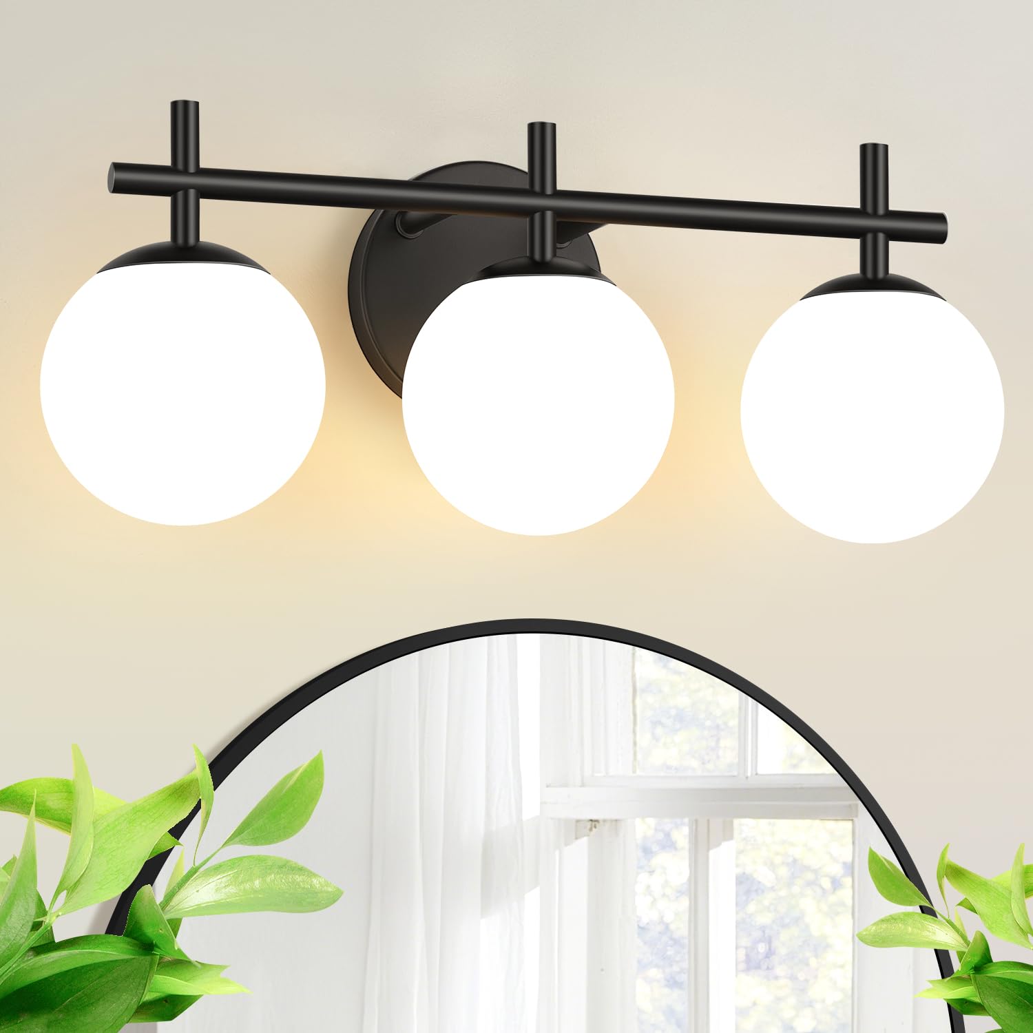 3-Light Bathroom Light Fixtures  Matte Black Vanity Lights For Bathroom With Milky White Glass Ball Shade  18.9 Inch Bathroom Lighting Fixtures Over Mirror  Wall Sconce For Bedroom (Bulb Not Included)