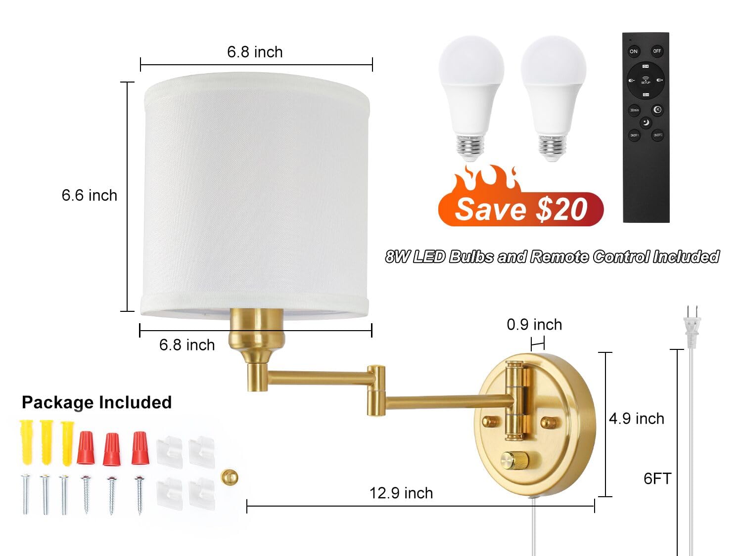 GOODATE Plug in Wall Sconces Set of Two, Remote Control, Dimming 10%-100%, Adjustable Colors 2700K-6500K, Gold Finish, White Fabric Shade