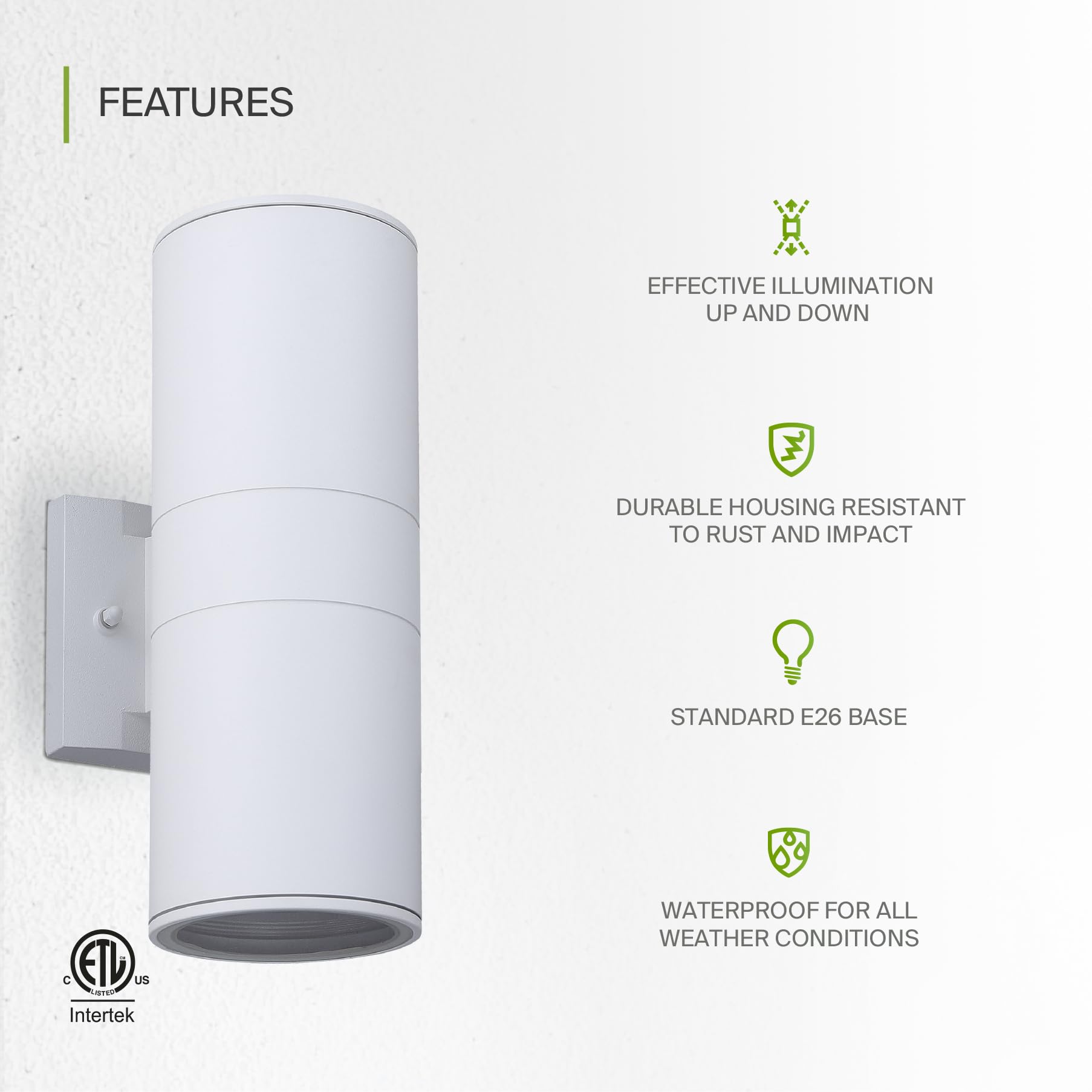 ASD Outdoor Wall Light Fixture | 2 Light Dusk to Dawn | E26 Bulb Socket | Round | White | Model A-OCLR-2A-WH
