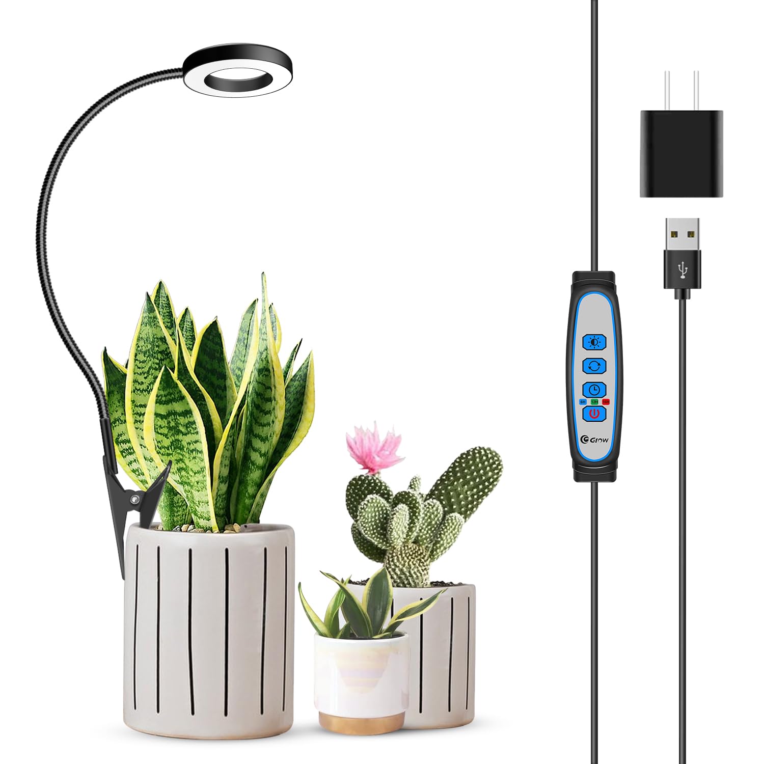 Xuligron Clip On Grow Light, 6000K Halo Plant Lights For Growing Small Plants, Led Full Spectrum Grow Lamp With 6/12/16H Timer,