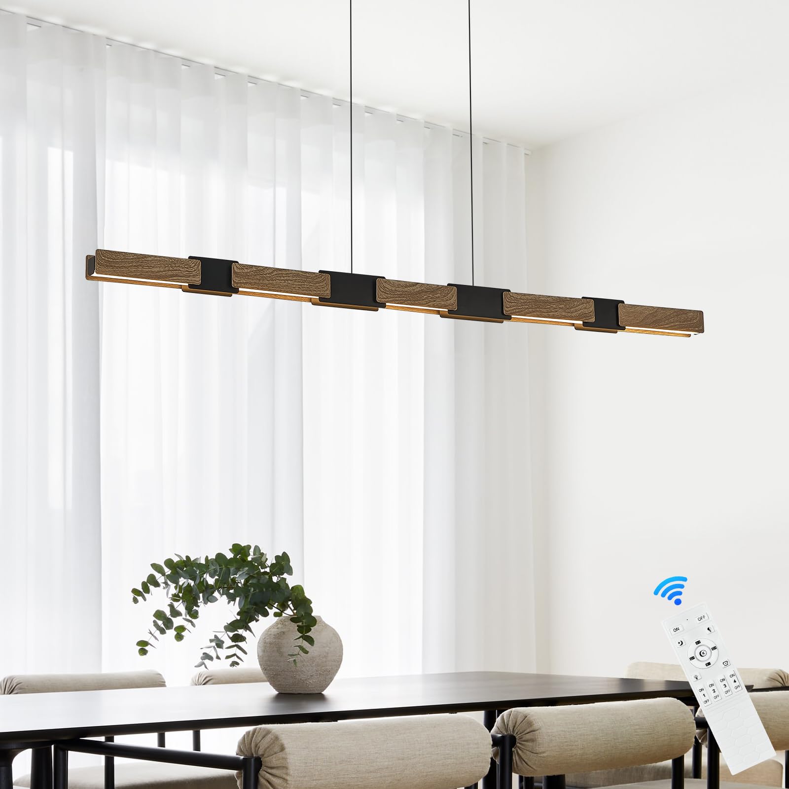 CaraLuxe Modern LED Linear Pendant Lights 52 inch LED Chandelier Lighting for Home Office Black & Wood Dining Room Hanging Light Fixture Modern Dimmable Kitchen Island Lighting