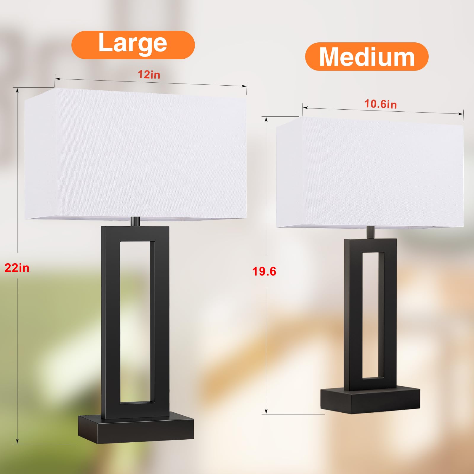 Seealle 22in Tall Touch Bedside Lamps Set of 2 - USB C+A, 3 Way Dimmable, Metal, White & Black