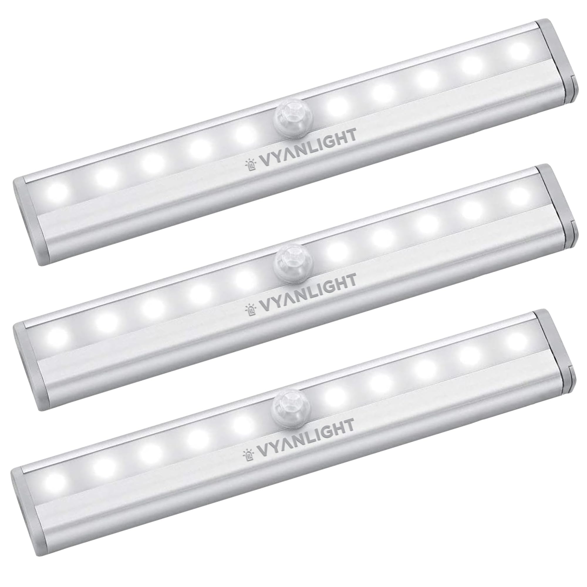 VYANLIGHT Motion Sensor LED Lights, 10 LED Battery Operated, Aluminum, 3 Pack, White, Model VL309