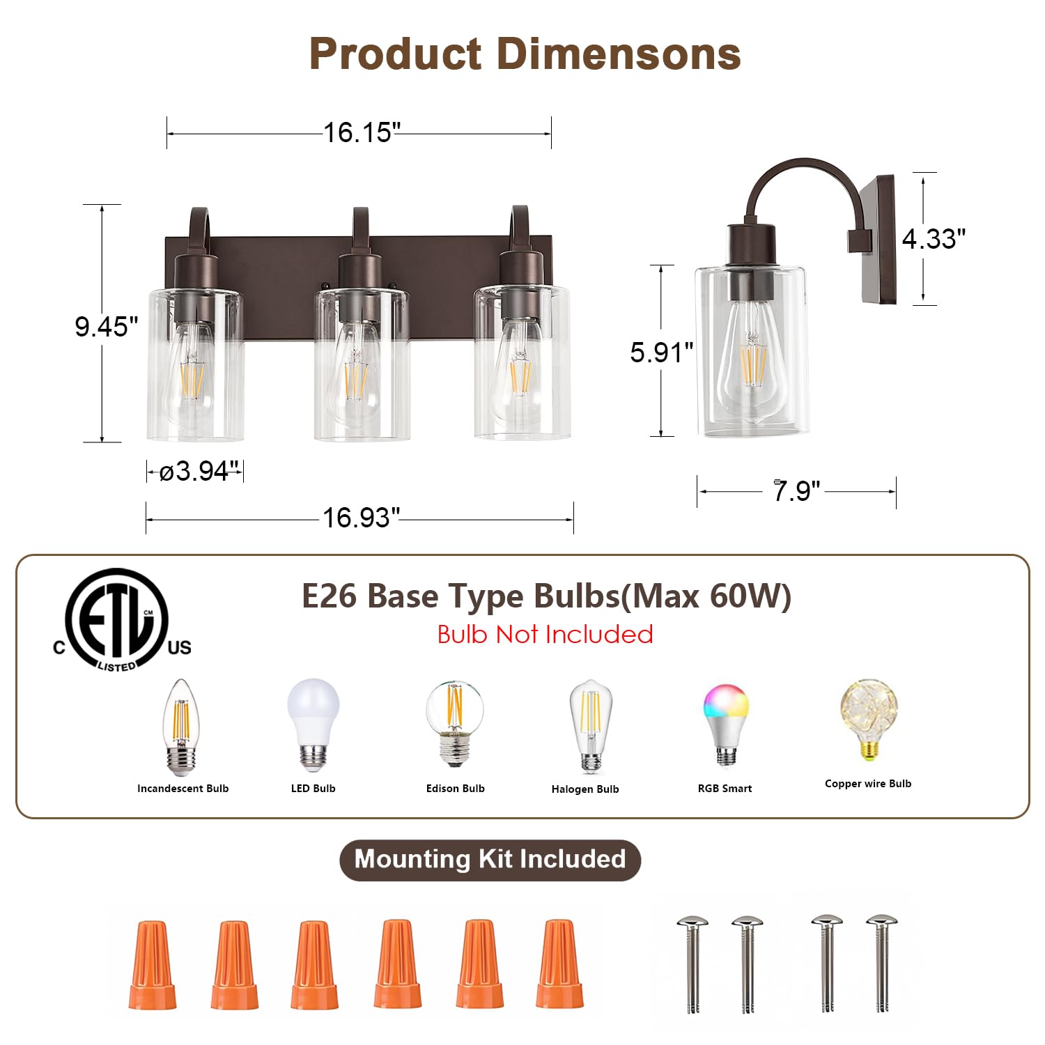 Refice Farmhouse Bathroom Vanity Lights, 3-Light, Oil Rubbed Bronze, Metal, Model FCW001-3-ORB, Clear Glass Shade Wall Sconces