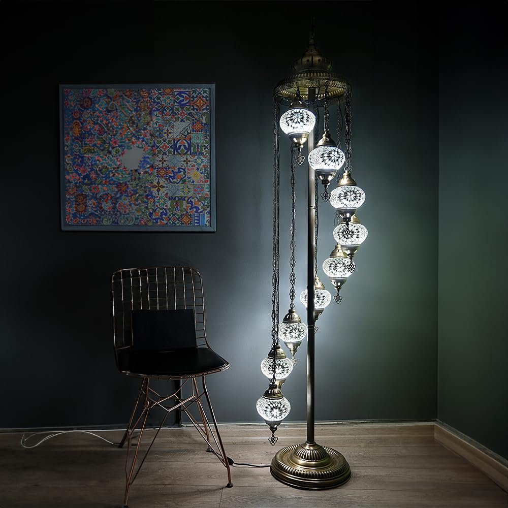 Asylove Turkish Lamp 9 Globe Mosaic Floor Lamp, Mosaic Standing Lamp 9 Globe Mosaic Moroccan Lamps Floor Lamp For Decorative Home Designs Offer 5 Inch Globe - Total Height 70 Inch (White)