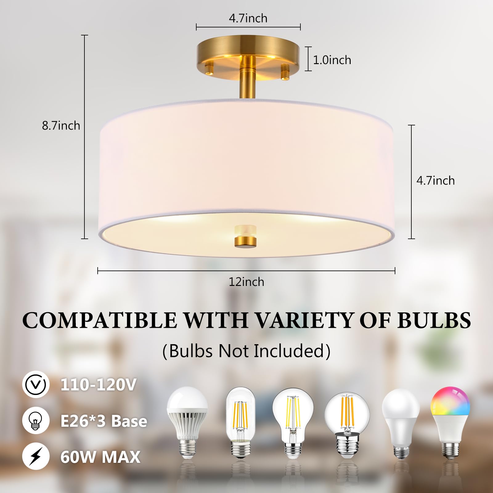3-Light Gold Semi Flush Mount Ceiling Light,12'' Drum Light With White Fabric Shade,Modern Close To Ceiling Light For Bedroom, L