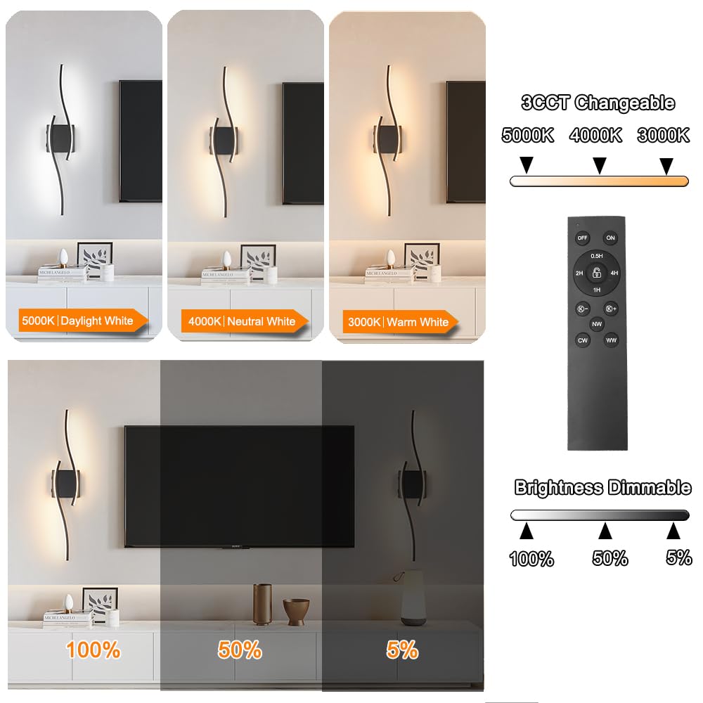 Daunton Modern Battery Operated Wall Sconce Set of 2, Black LED Light, Dimmable, 27.5in, Remote Control, Timer & Memory Function