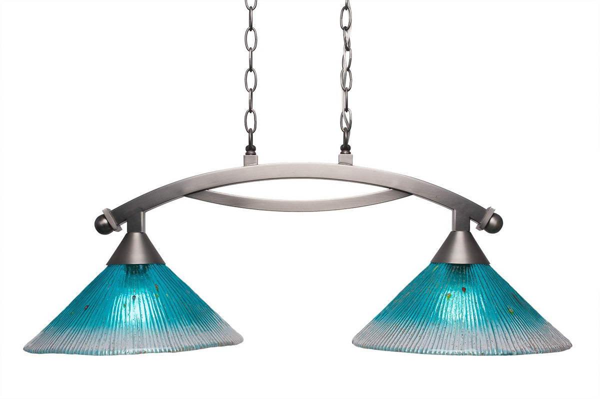 Toltec Lighting 872-BN-448 Bow 2 Light Island Light with 12&quot; Teal Crystal Glass, Brushed Nickel Finish
