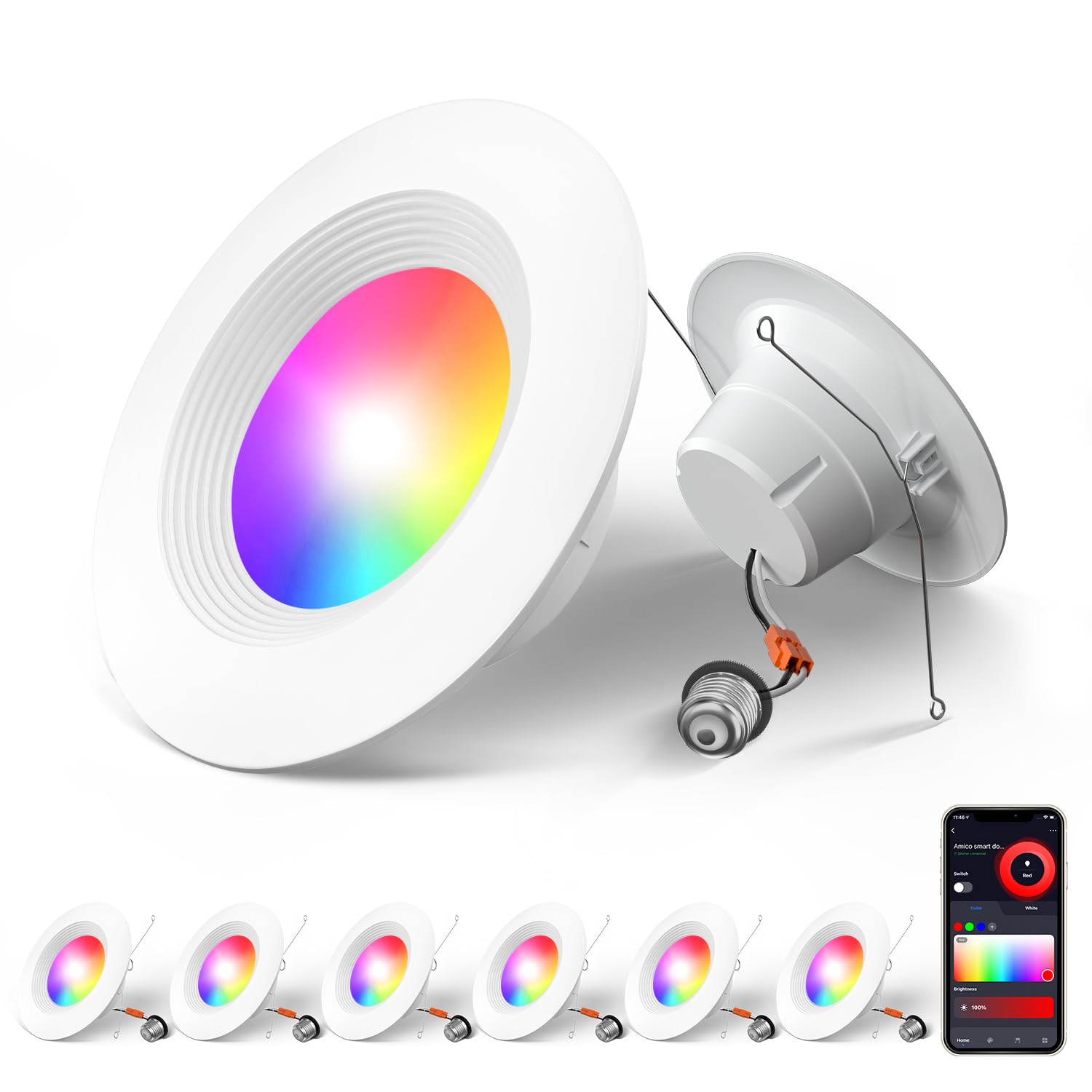 Amico 6 Pack 5/6 Inch Smart WiFi LED Recessed Can Lights, RGBCW Color Changing Retrofit Recessed Lighting, Baffle Trim, APP Cont