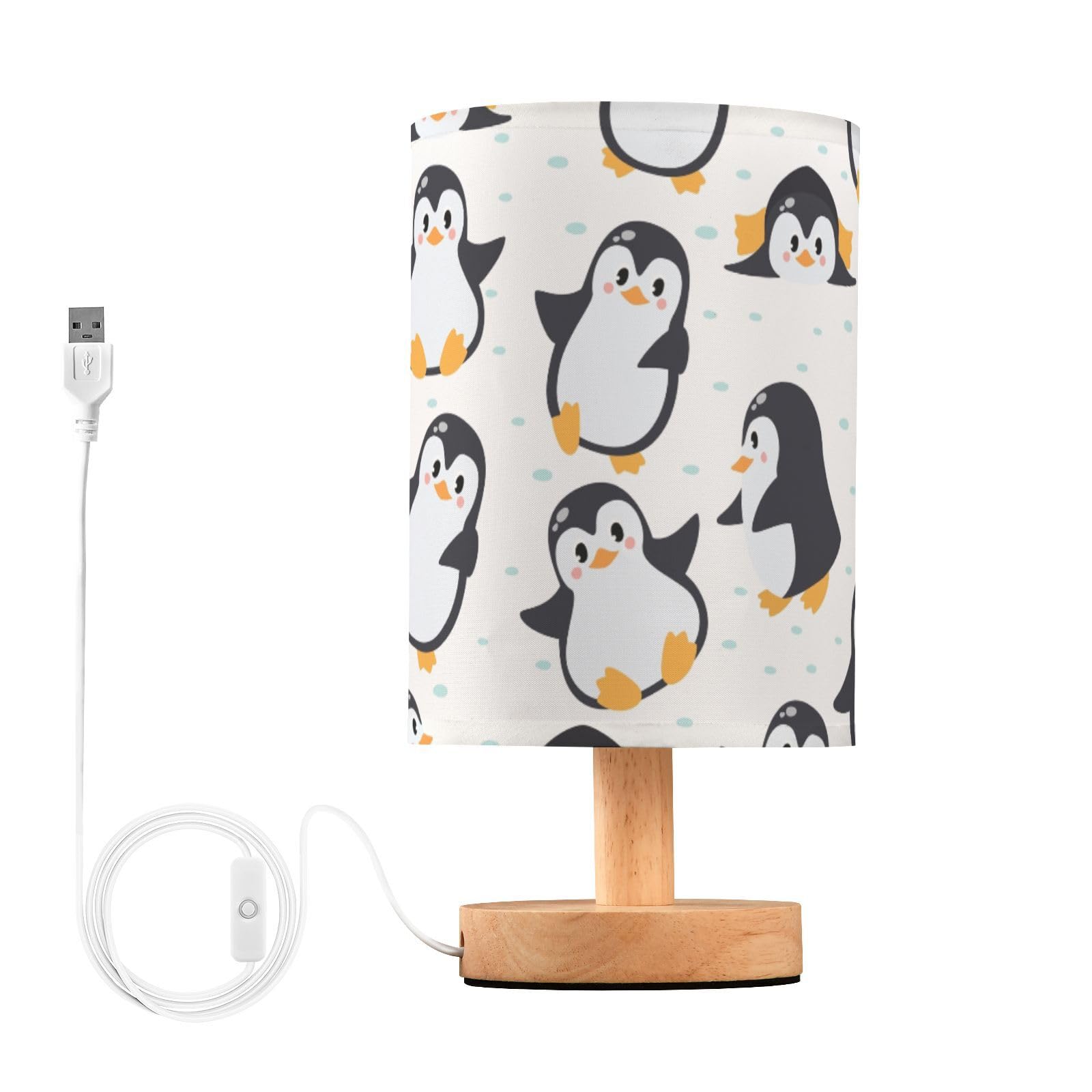 BOENLE Bedside Lamp Cute Penguins Table Lamp for Bedroom LED Nightstand Lamp Shade USB Ports Wood Base for Living Room Dorm Offi