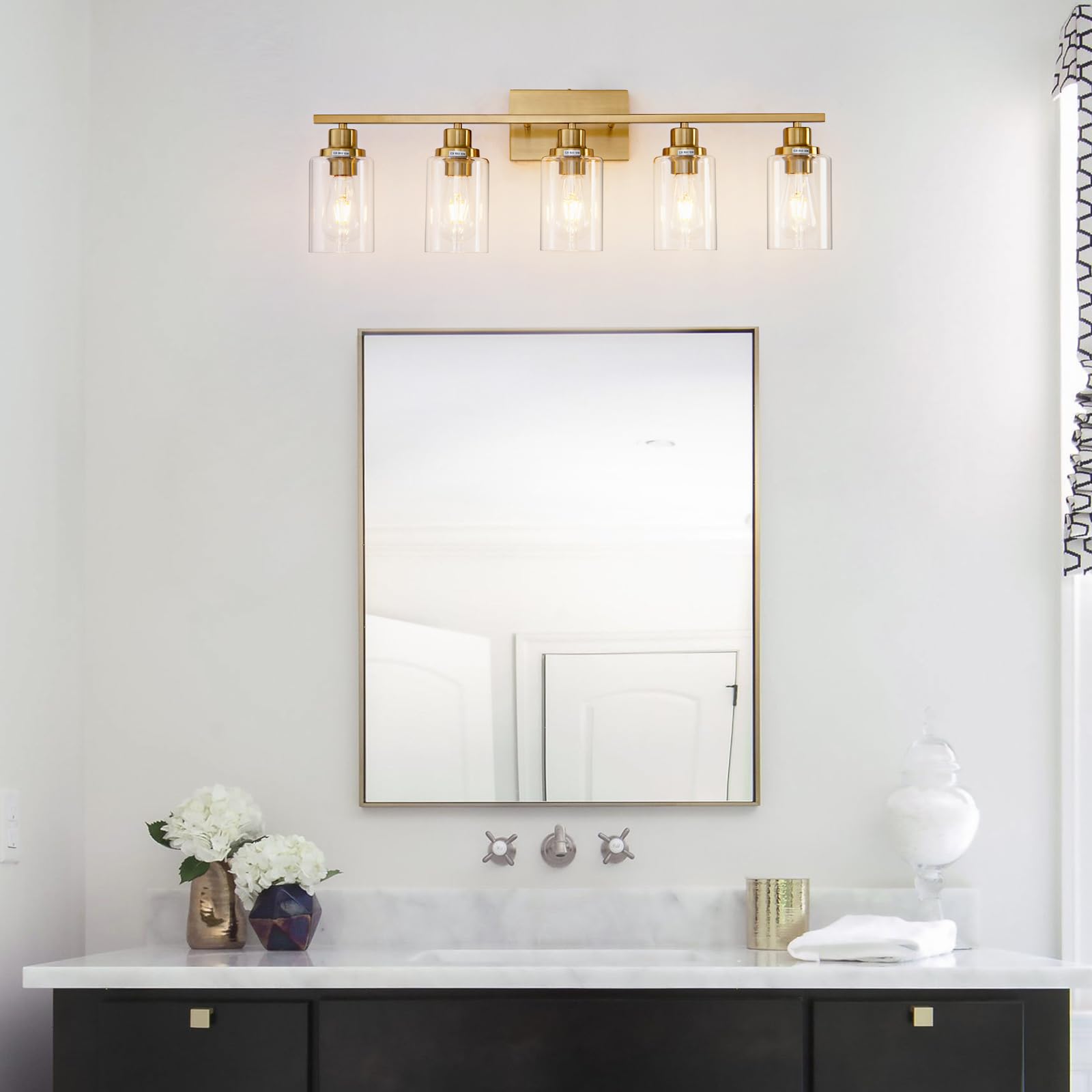 Hccz 5 Light Gold Bathroom Light Fixtures Brushed Brass Vanity Light Over Mirror Modern Wall Lighting Sconces Wall Lamp For Bath