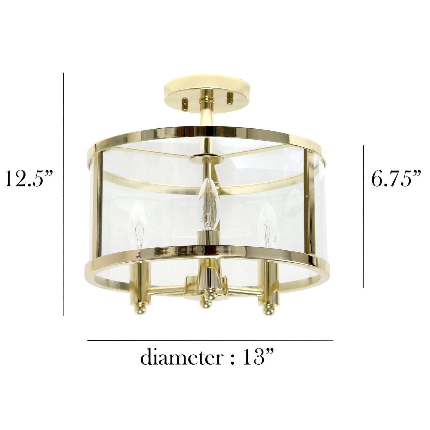 Elegant Designs FM1005-GLD 3-Light Semi-Flushmount Ceiling Light, 13in Gold Glass Shade, Traditional Farmhouse Industrial Style