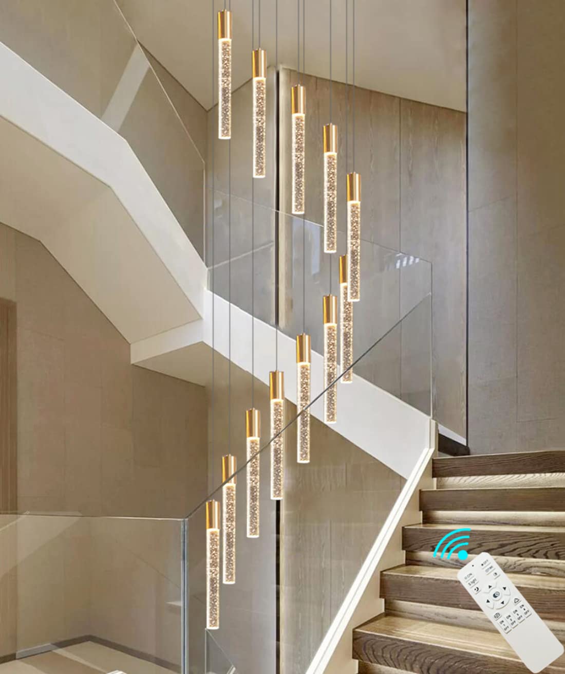 Haixiang 118'' High Ceiling Chandelier Linear Crystal Pendants, Remote Dimmable, Compatible Sloped Ceilings, 12-Light Gold, 60 W