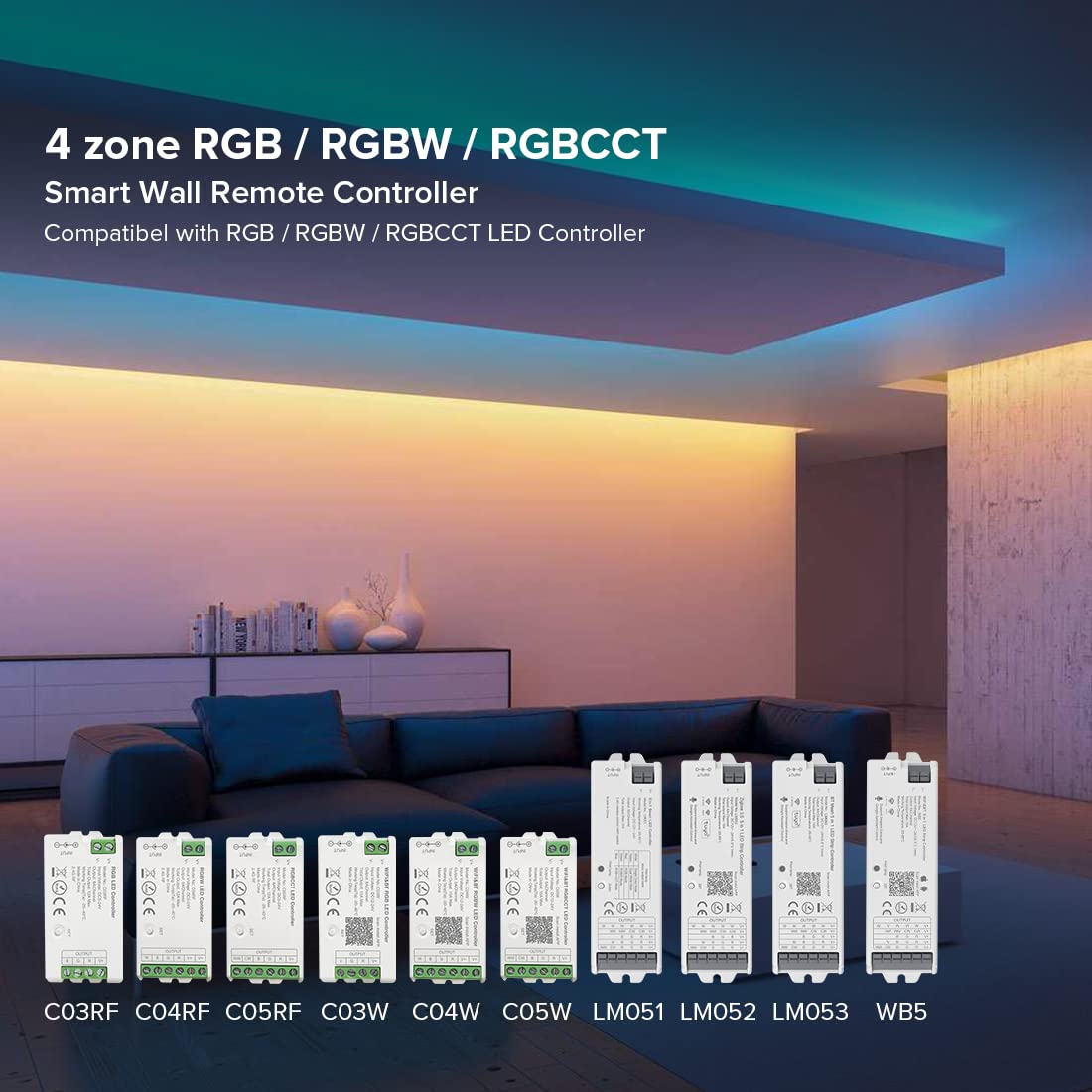 BTF-LIGHTING Wireless RGB Wall Mounted Smart Panel Remote, MiBoxer B4, RGBCCT, White, Powered by 2XAAA Batteries