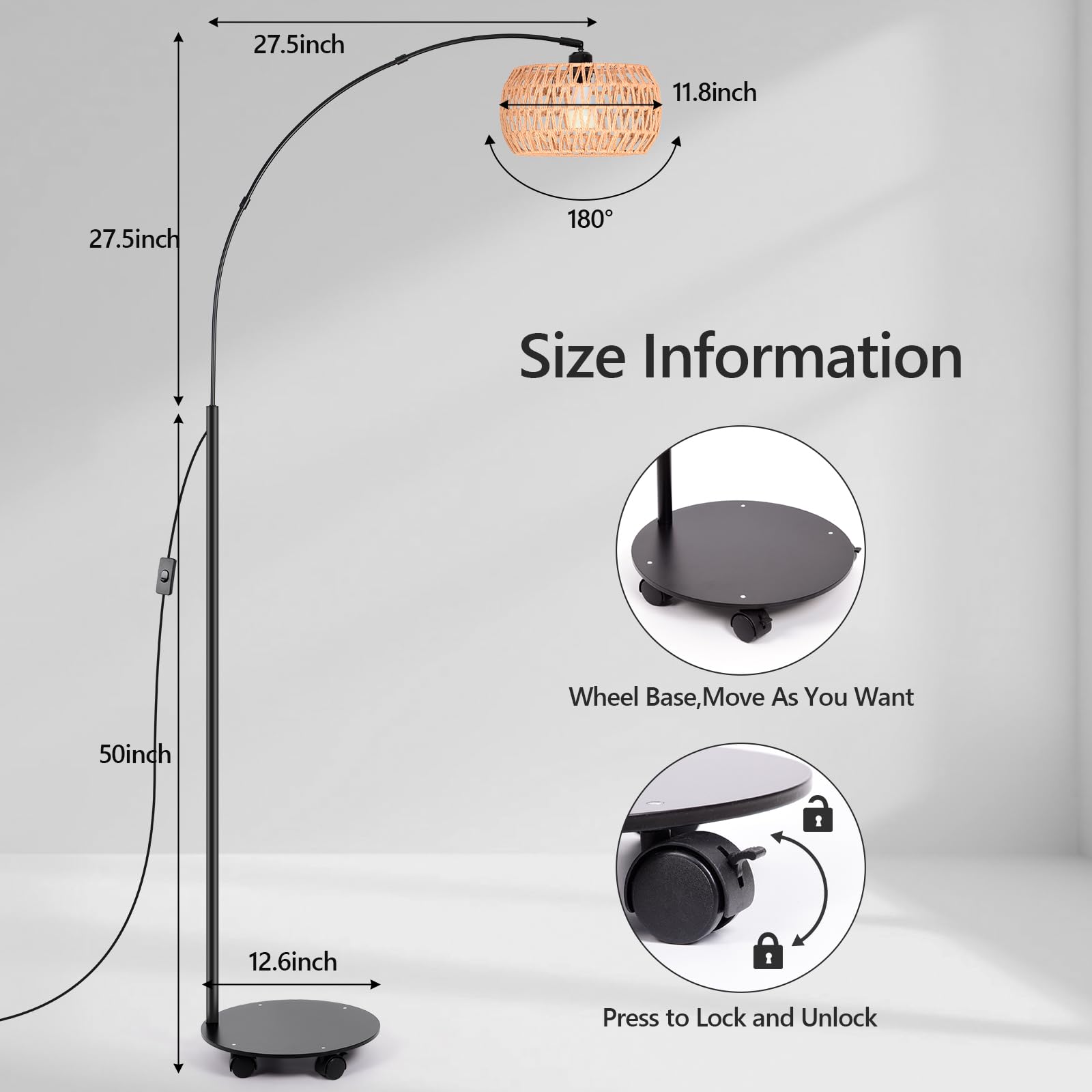 Jinglechoo Rgb Arc Floor Lamp With 3 Color Temperatures, Dimmable Rattan Boho Standing Lamp, App And Remote Control, Modern Tall