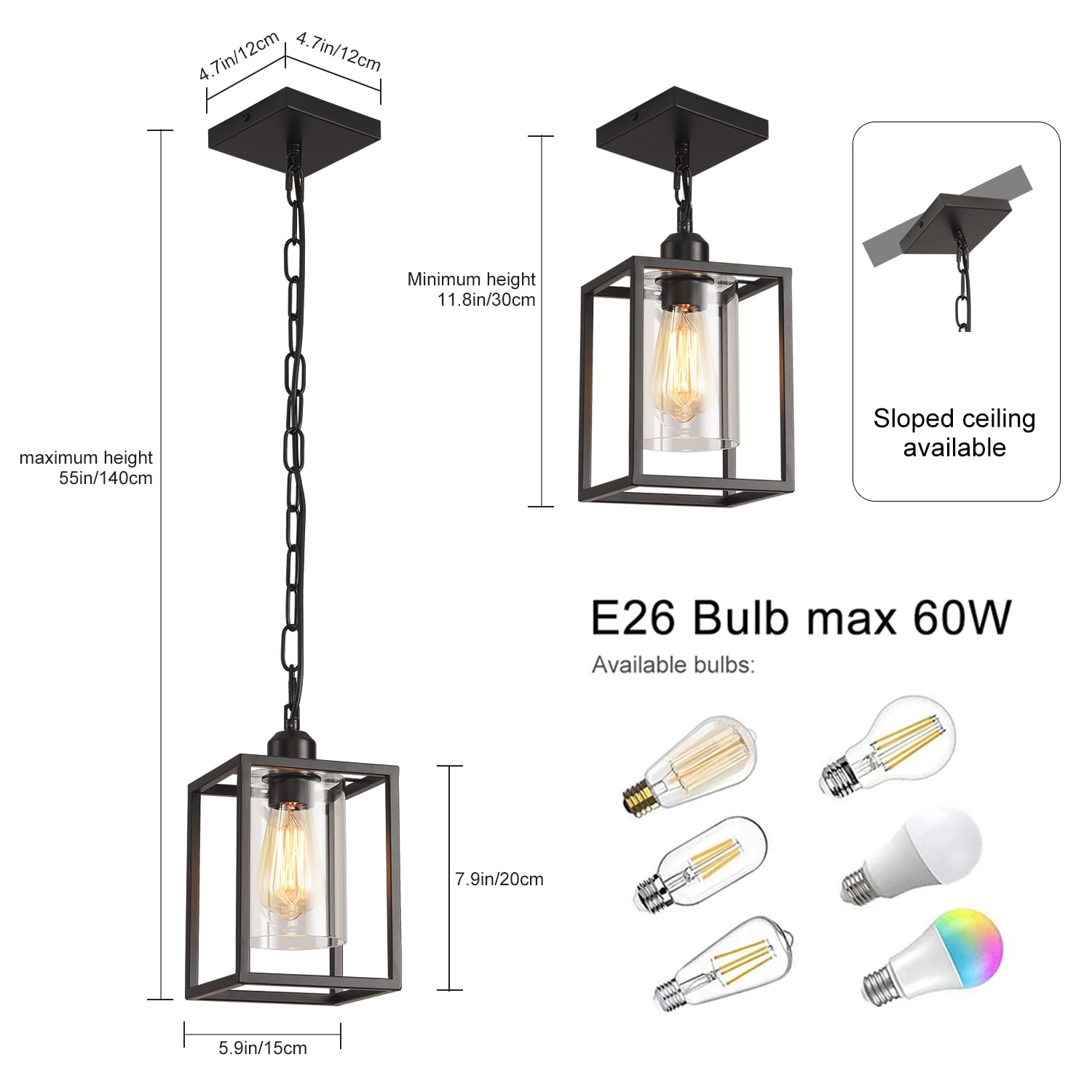 Ihengyanlt Farmhouse Pendant Light,Black Metal Frame Hanging Light Fixture With Clear Glass Shade Chandelier, Adjustable Chains