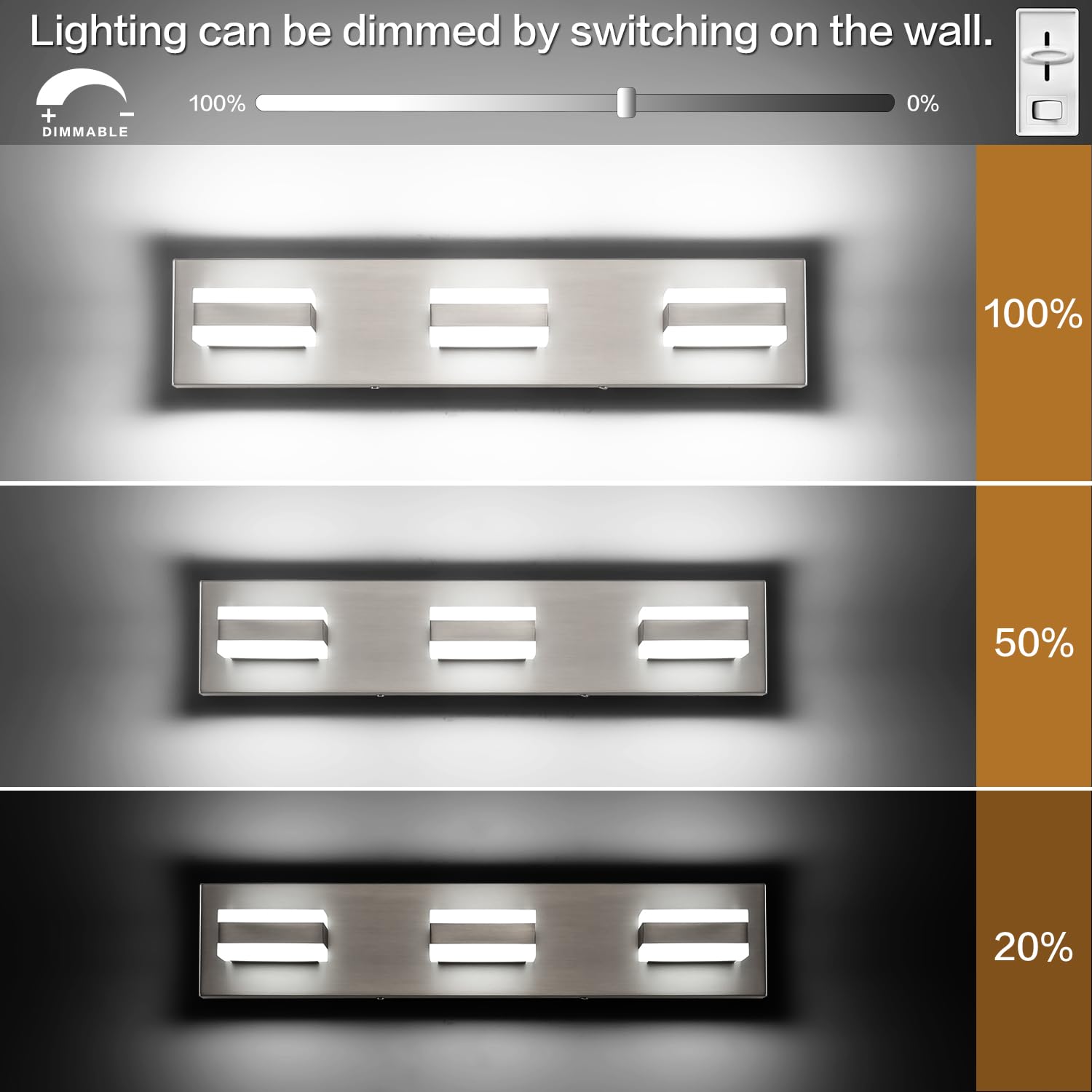 SOLFART Bathroom Vanity Lights - 3-Light Brushed Nickel Fixture, 21.7" Aluminum, Model S8568-3T-6000K-Nickel