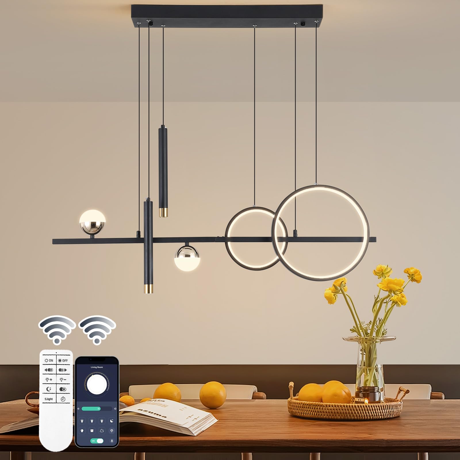 ORANOOR LED Chandelier, Dimmable Wrought Iron Pendant Light, 39 inch, Black Gold, Model 88056