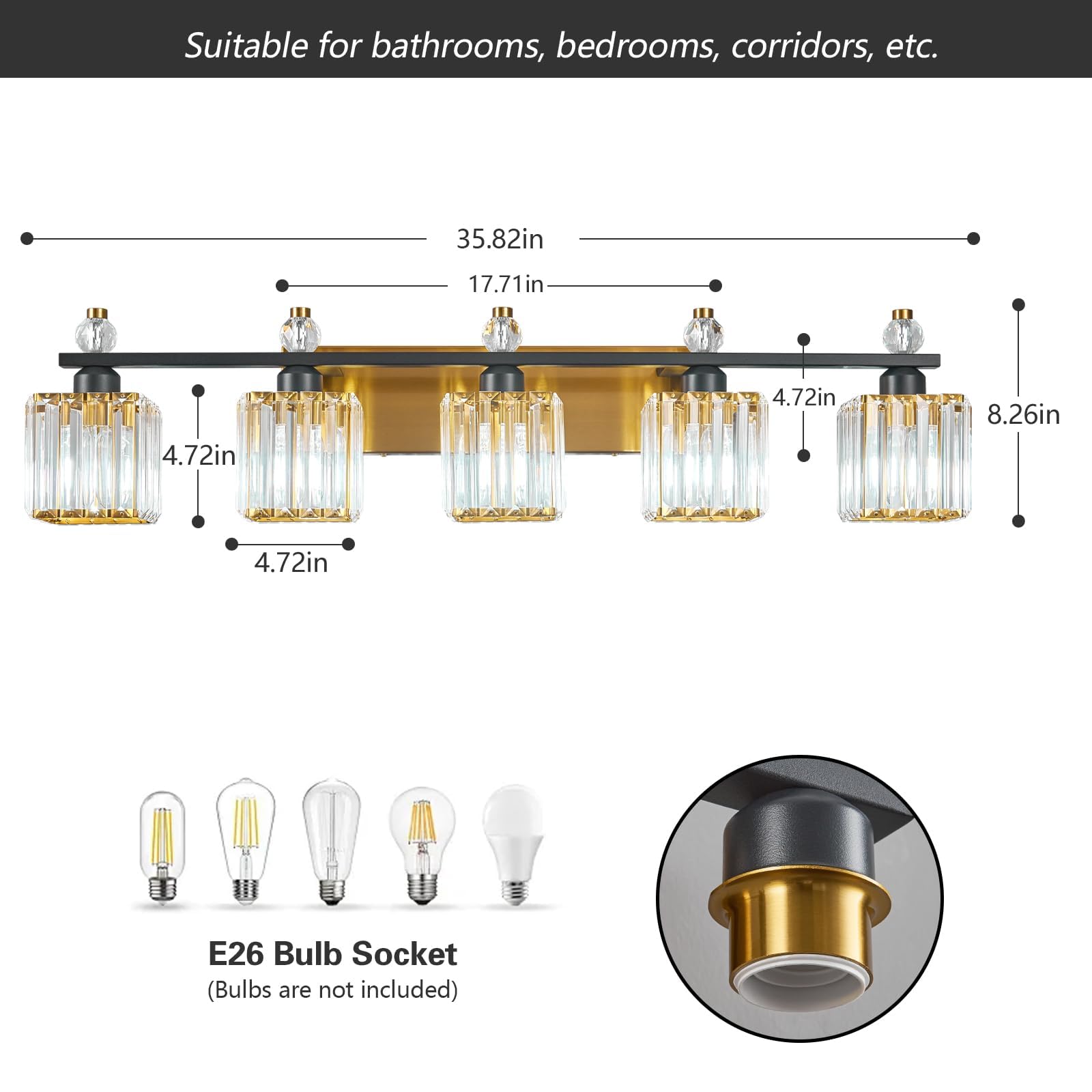 FDPBY 5-Light Crystal Vanity Light Black Gold Modern Bathroom Fixture Model 290