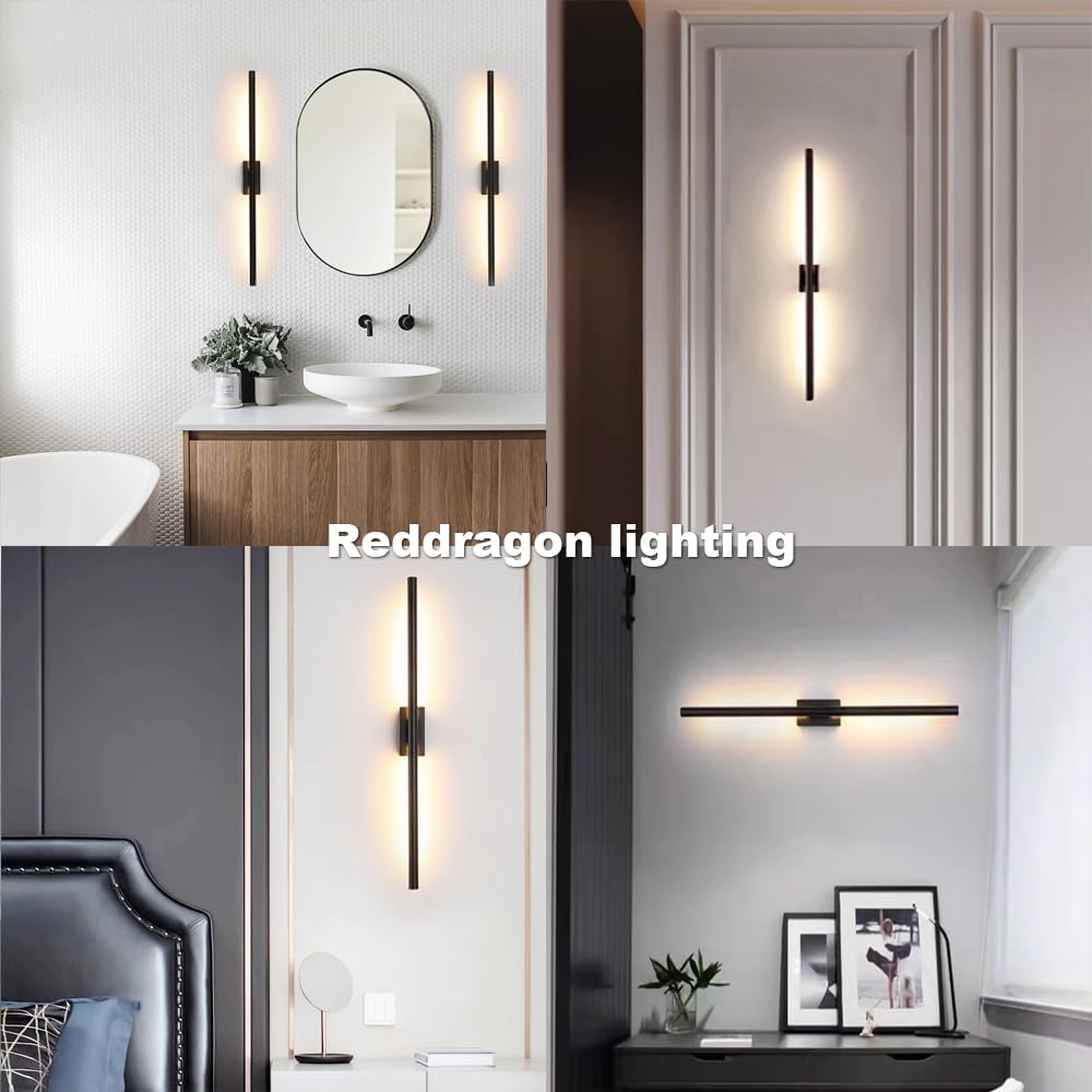 Reddragon Lighting Dimmable Black Tube Wall Sconce Set of 2, 24 Inch Iron Vanity Light for Bathroom, Living Room, Bedroom