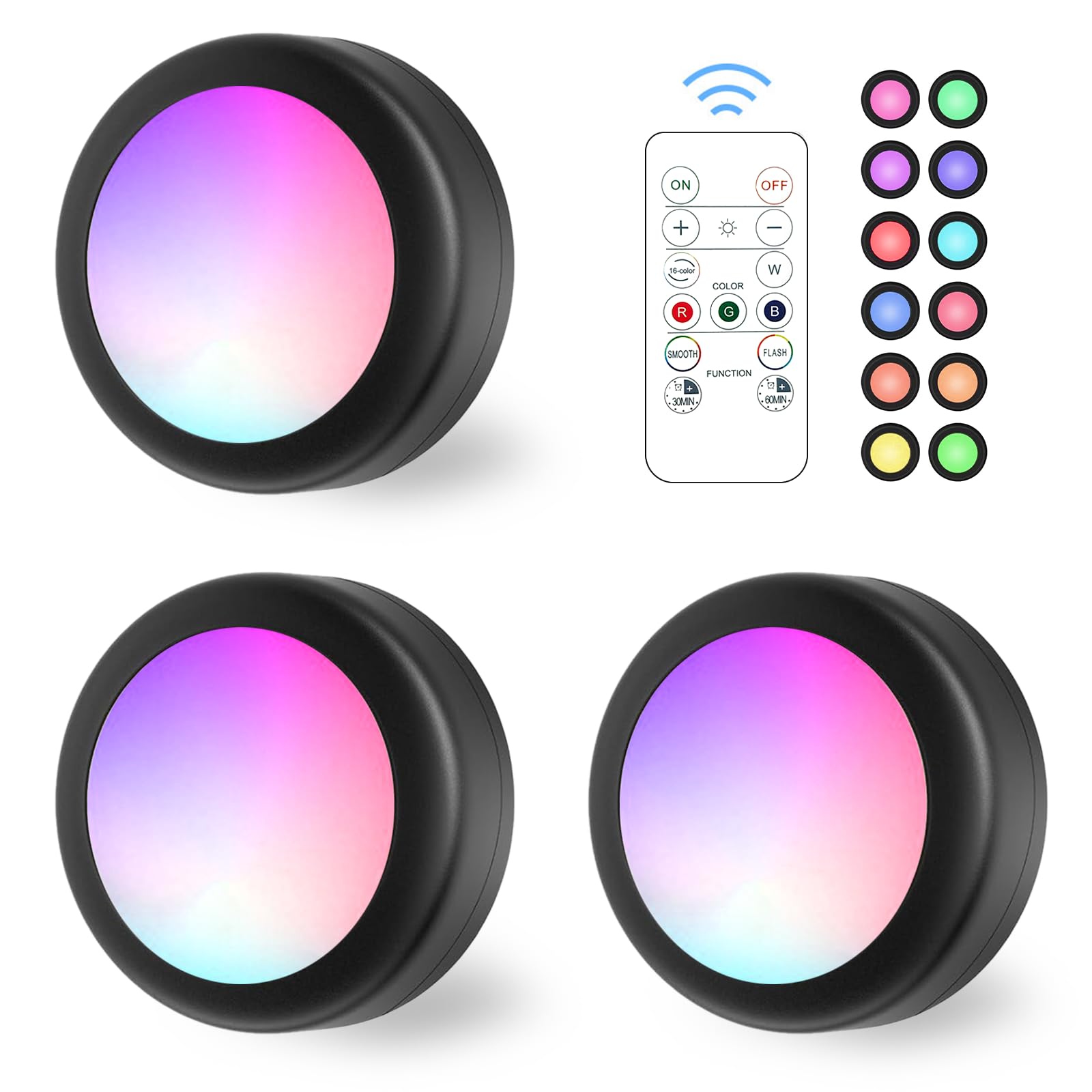 Lilampts LED Puck Lights, Remote Control, 16 Color Options, Battery Operated, 3 Pack, Black, Model CGD-3