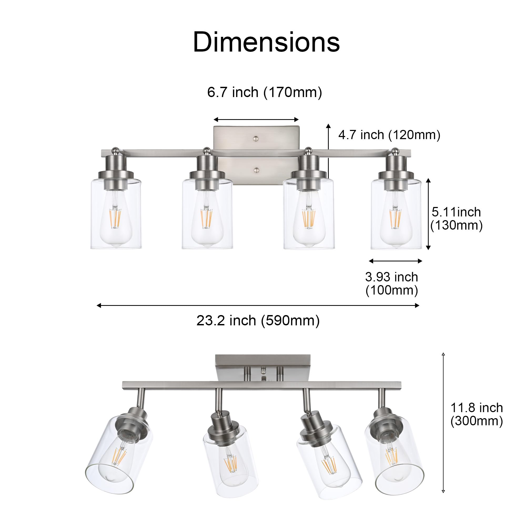 Wanluce 4 Light Track Lighting Fixtures Ceiling Kitchen Track Lighting Kit Brushed Nickel Bathroom Tracking Vanity Lights With Clear Glass Shade  Rotatable Spotlight For Accent Task Wall Art Hallway