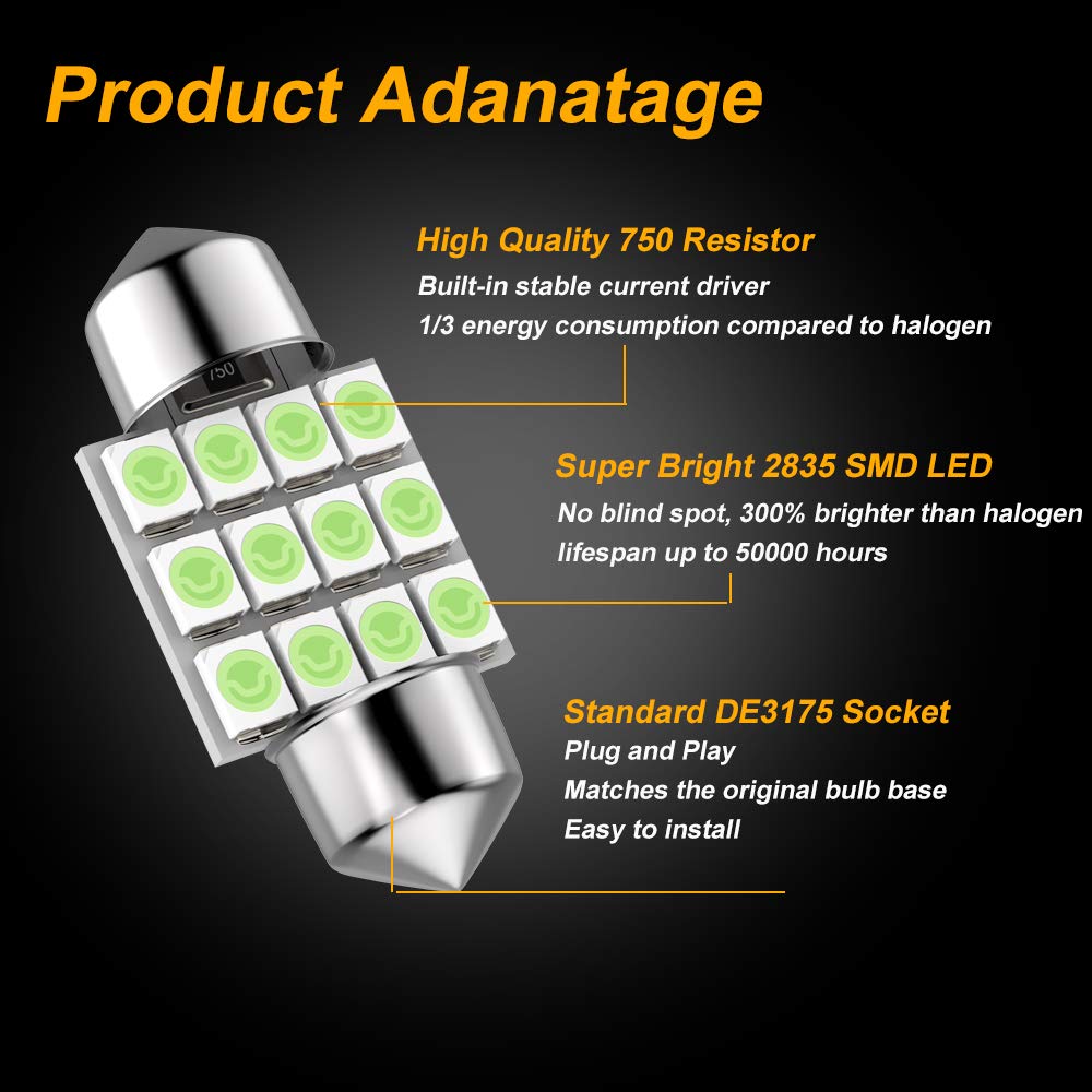 Giveubed De3175 Led Bulb, 31Mm 1.22In 3175 Festoon Led Bulb, Super Bright De3021 De3022 Led Bulb Fit For Interior Map Door Dome