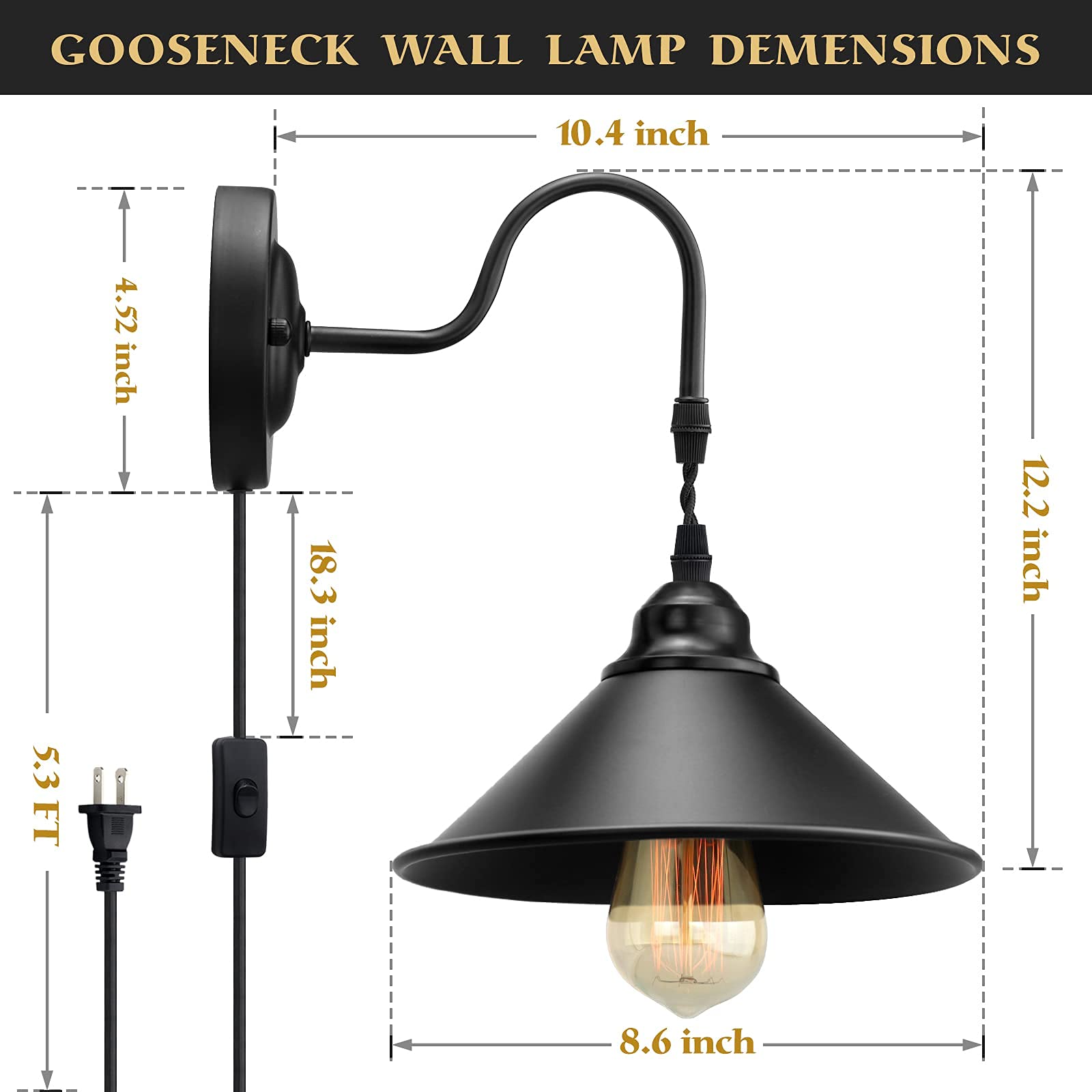 Yxth Vintage Plug-In Wall Sconces Set Of 2, Black Gooseneck Metal Lamp For Bedroom & Doorway