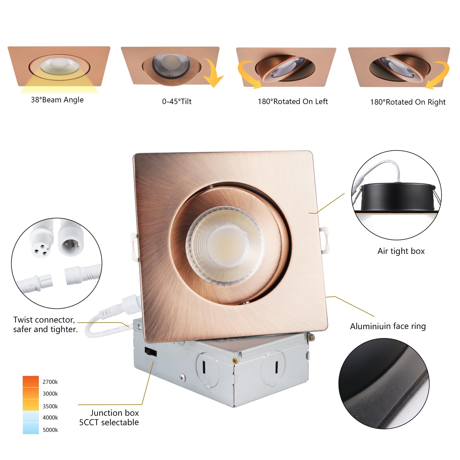 Knlnny Ware Oil Rubbed Bronze Recessed Lighting 6 Pack, Led Gimbal Eyeball Recessed Ceiling Light With Junction Box,5Cct Color S