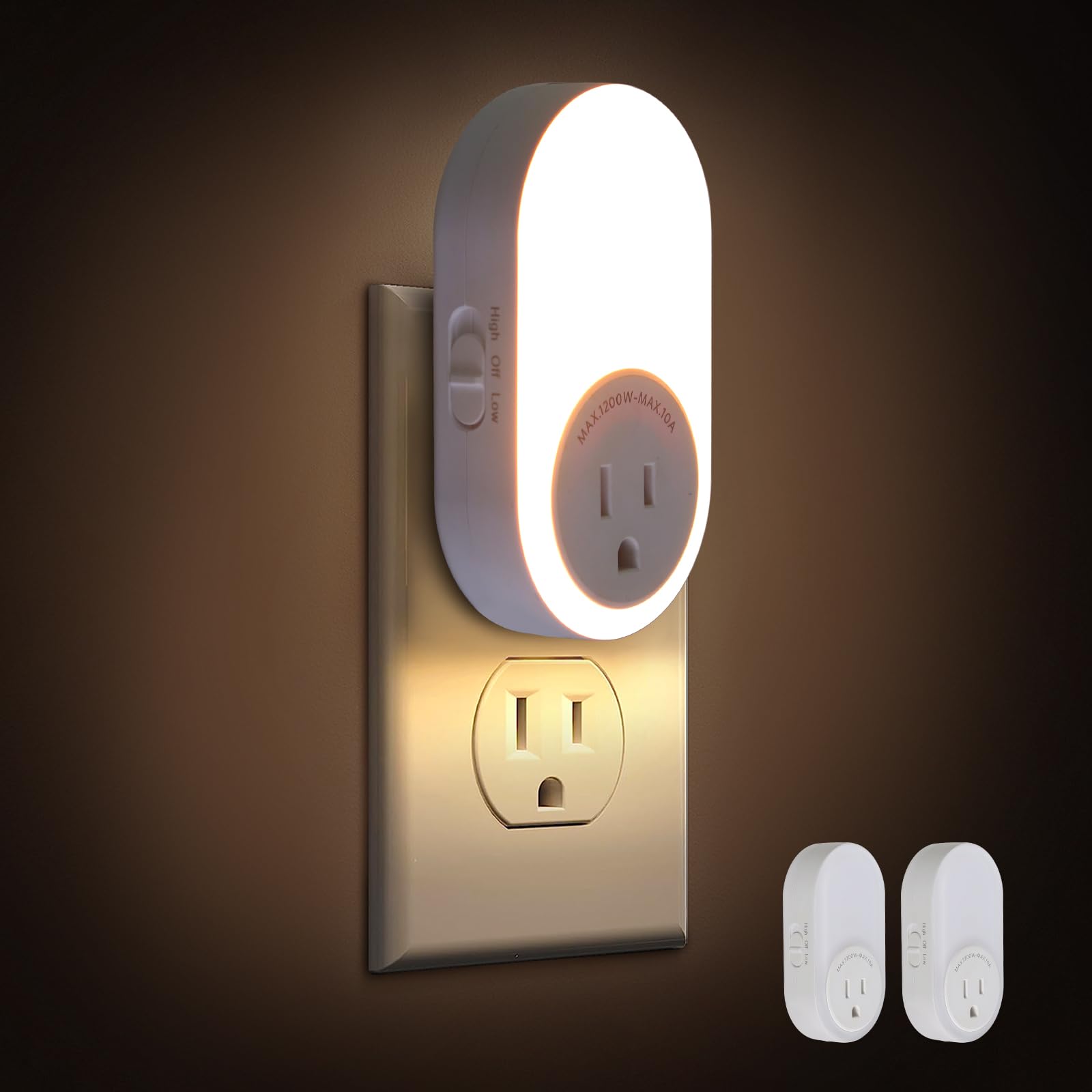 Dawnrise Night Lights Plug Into Wall,Dusk to Dawn Sensor Night Light with Power Outlet,CCT 2200K or 4000K,5LM or 20LM Adjustable