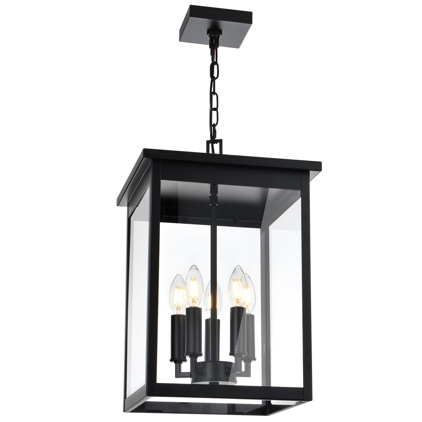 WINSHEN 5-Lights Large Outdoor Pendant Light Fixtures, Black Exterior Hanging Porch Light with Adjustable Chain & Clear Glass, W
