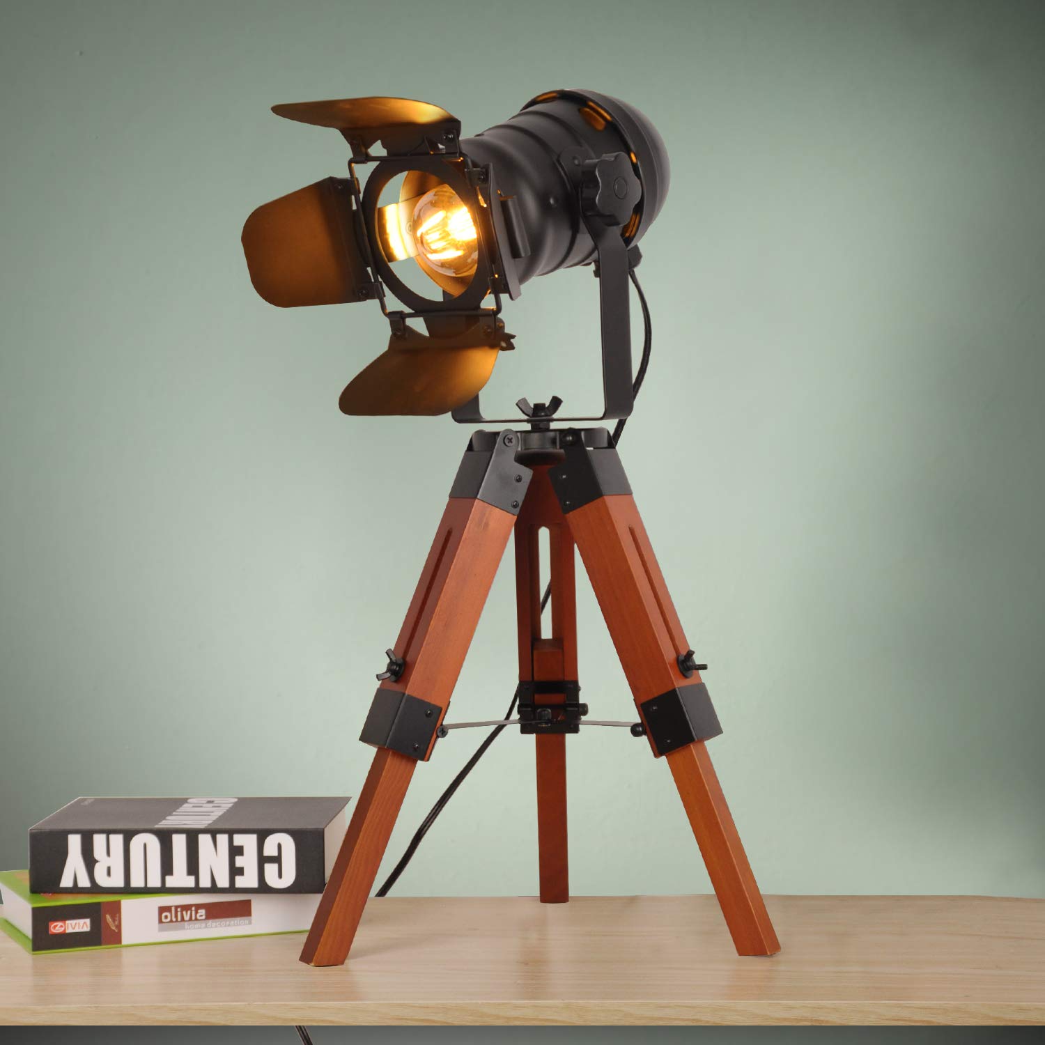 DEC LUCE Industrial Tripod Floor Lamp, Vintage Wood Cinema Searchlight, Metal, Cinema, Model DL-LIGHT, Not Include E26 Bulbs