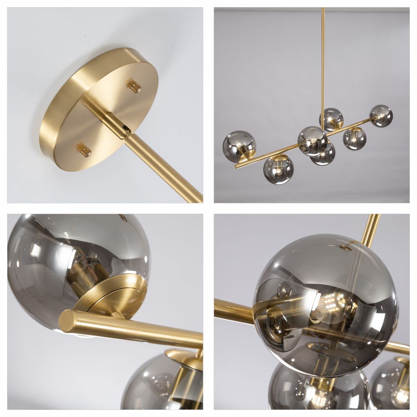 Kco Mid Century Modern 7-Light Gold Brass Sputnik Chandelier With Smoke Glass Spheres