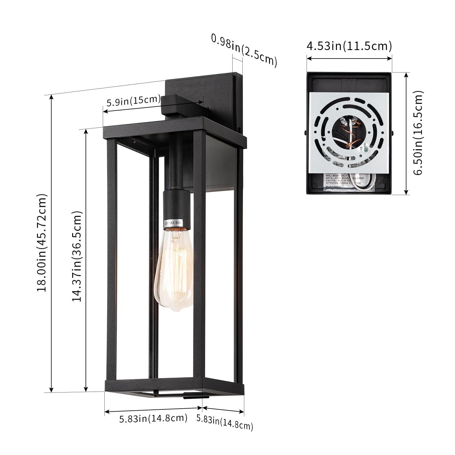 Mirrea 18'' Classic Outdoor Wall Sconce 1 Light In Matte Black Rectangular Metal Frame And Clear Glass Shade Waterproof Porch Li