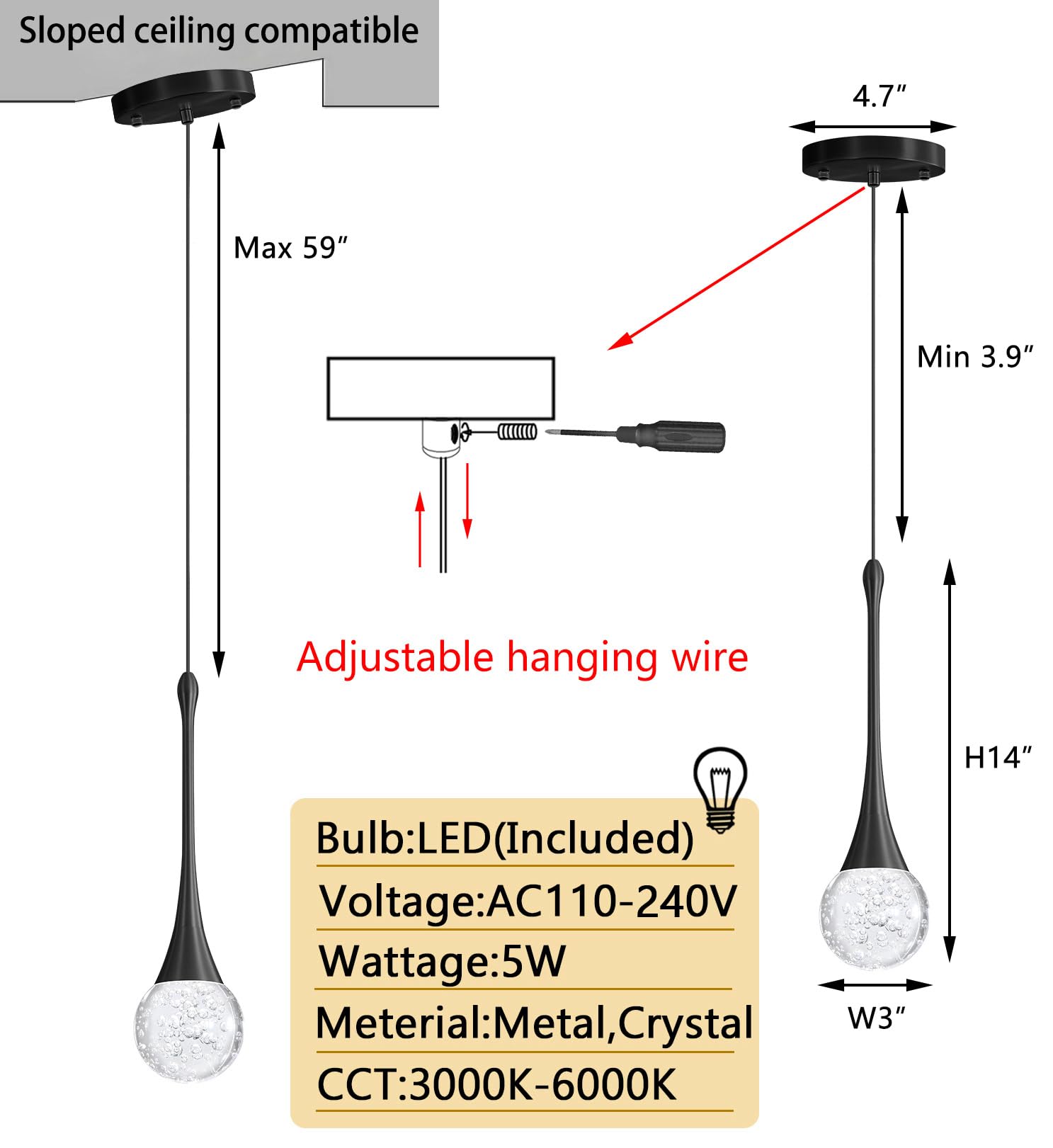 cenozo Modern Pendant Light - LED Dimmable Crystal Ceiling Lamp, 1 Light Round, Black, Model RS2037-1H for Kitchen, Dining, Bedroom