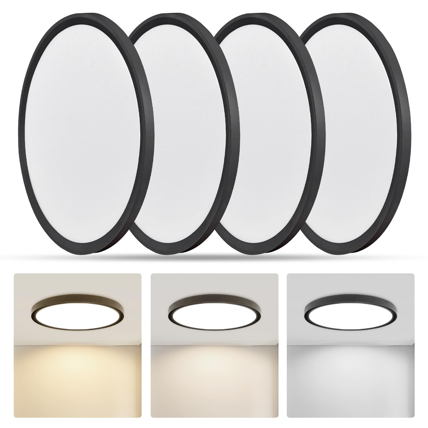 RLEDPZTX Led Flush Mount Ceiling Light, 9 Inch, 18W, 1860lm, 3CCT Selectable, Round, Black, 4 Pack